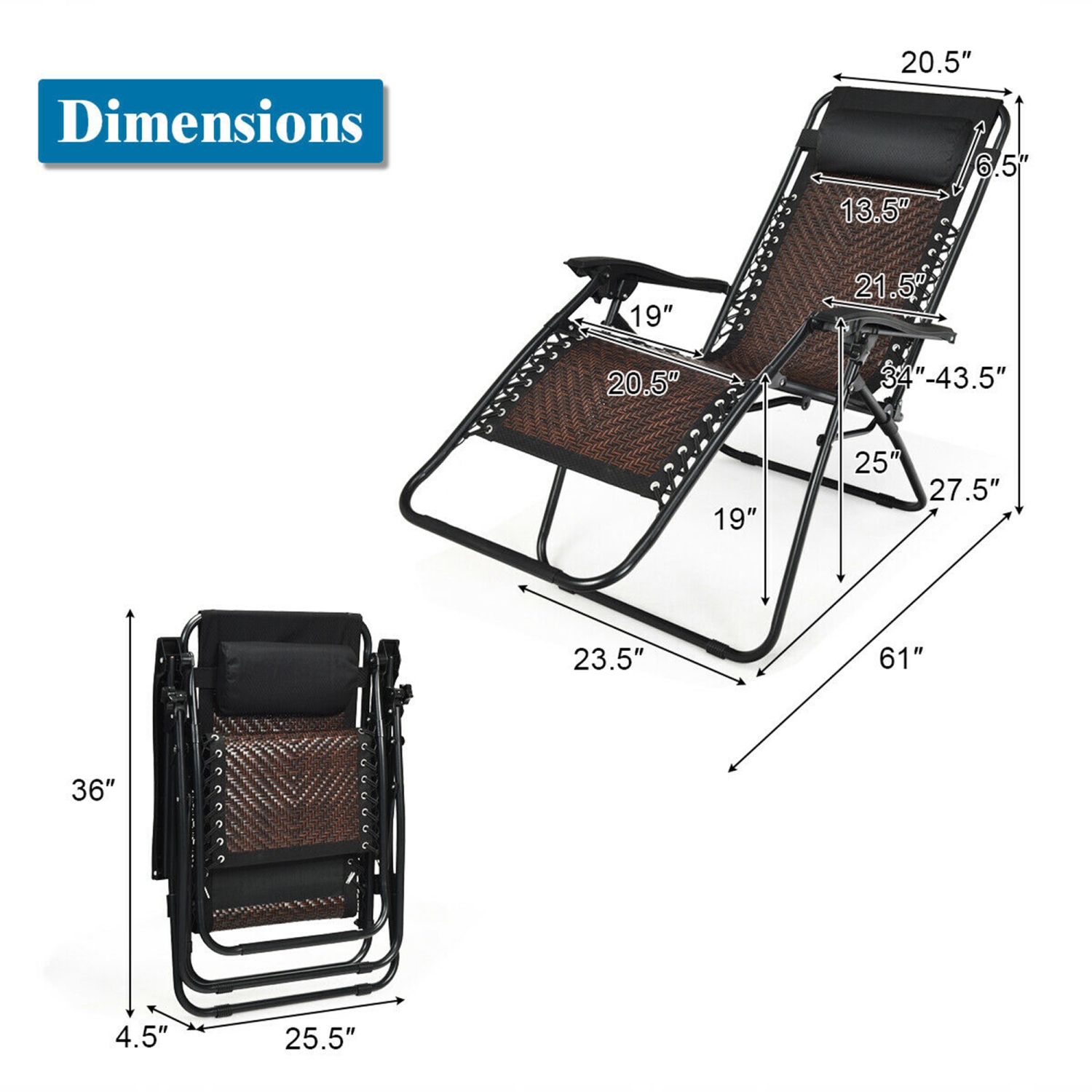 Gymax Set of 2 Folding Rattan Patio Lounge Chair Recliner w/ Headrest