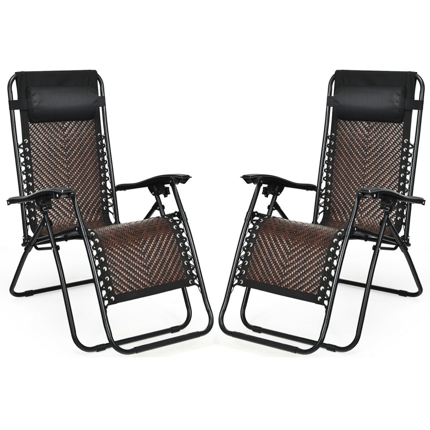 Gymax Set of 2 Folding Rattan Patio Lounge Chair Recliner w/ Headrest