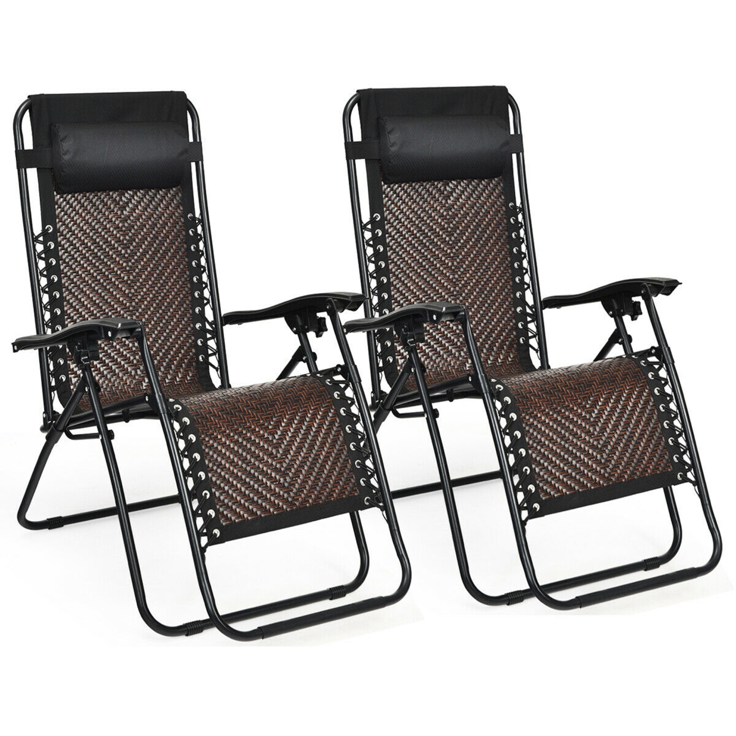 Gymax Set of 2 Folding Rattan Patio Lounge Chair Recliner w/ Headrest