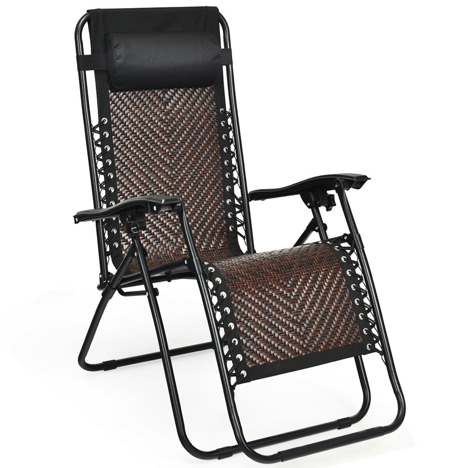 Gymax Set of 2 Folding Rattan Patio Lounge Chair Recliner w/ Headrest