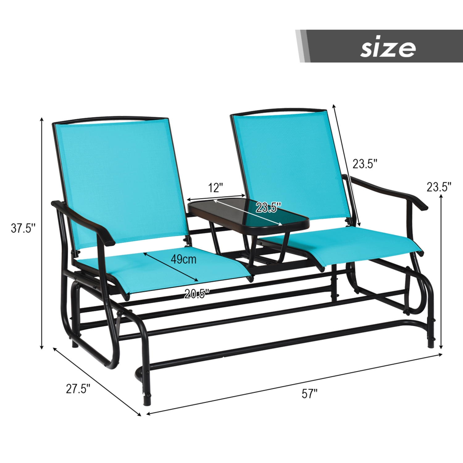Gymax Patio 2-Person Glider Rocking Char Loveseat Garden w/ Tempered Glass Table Turquoise