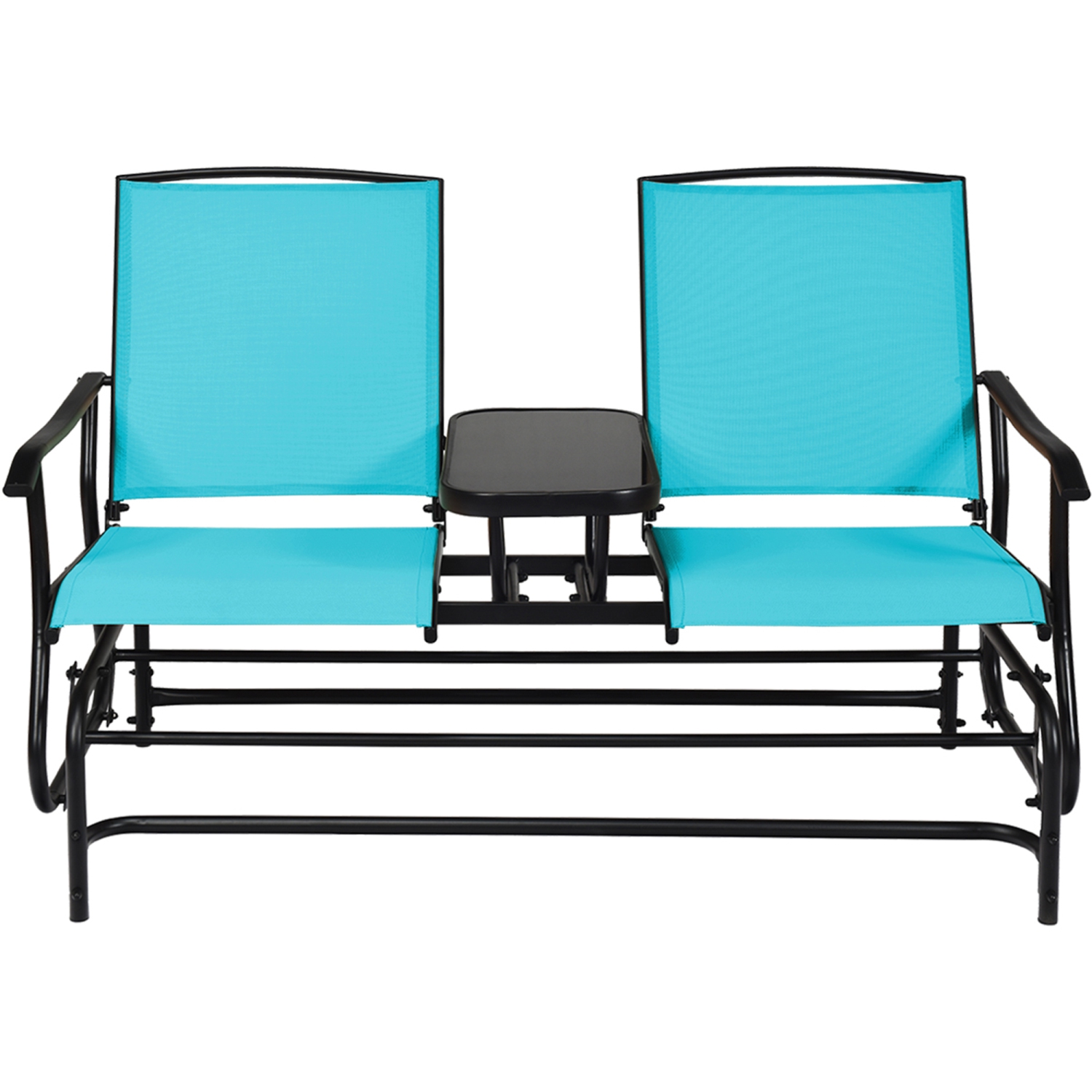 Gymax Patio 2-Person Glider Rocking Char Loveseat Garden w/ Tempered Glass Table Turquoise