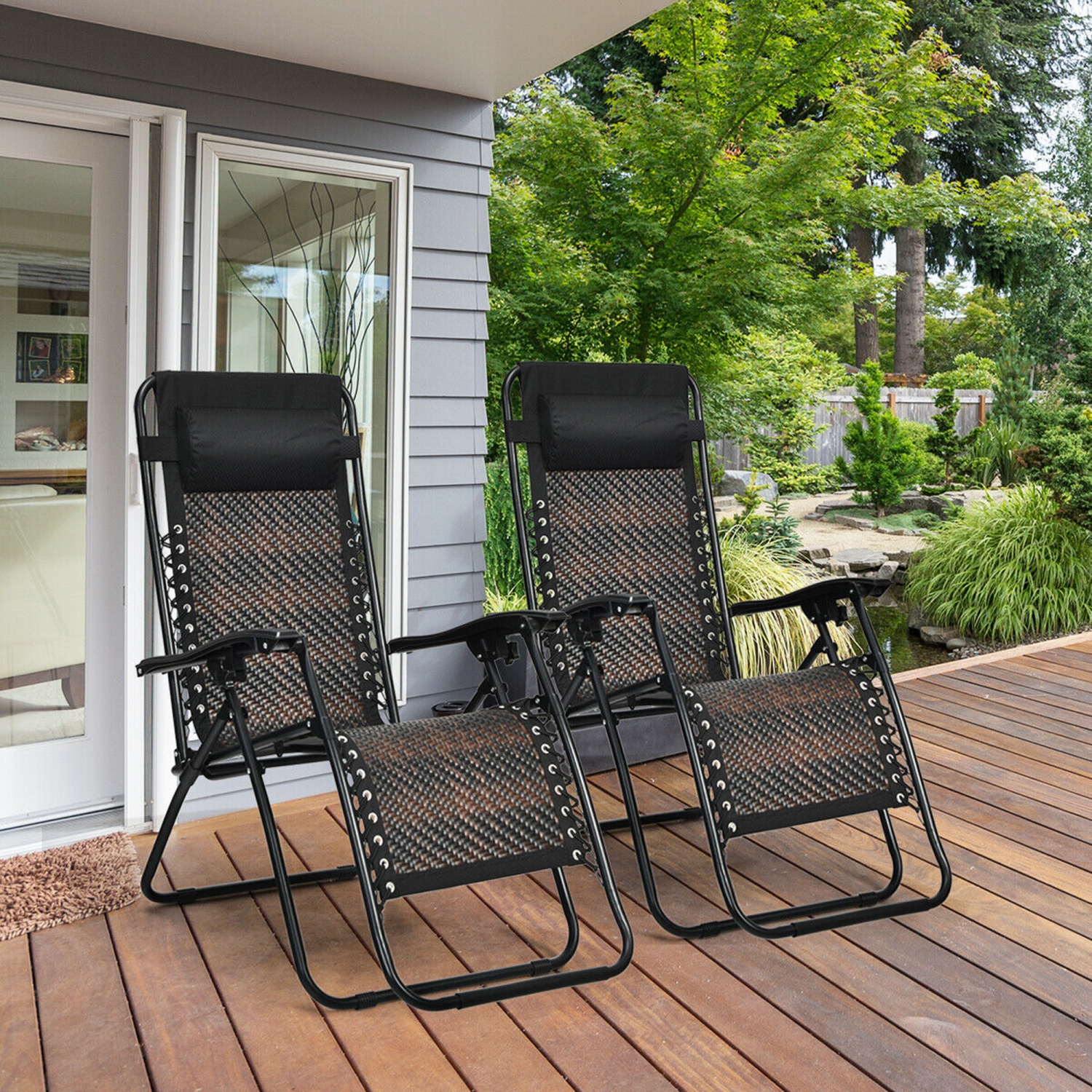 Gymax Set of 2 Folding Rattan Patio Lounge Chair Recliner w/ Headrest