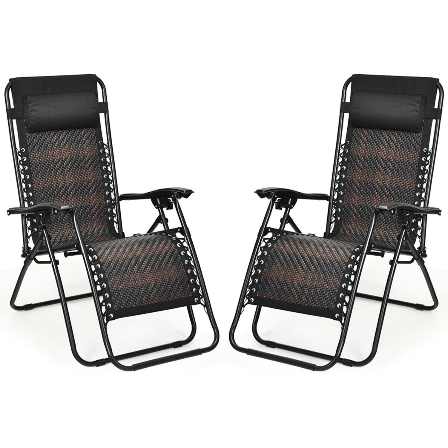 Gymax Set of 2 Folding Rattan Patio Lounge Chair Recliner w/ Headrest