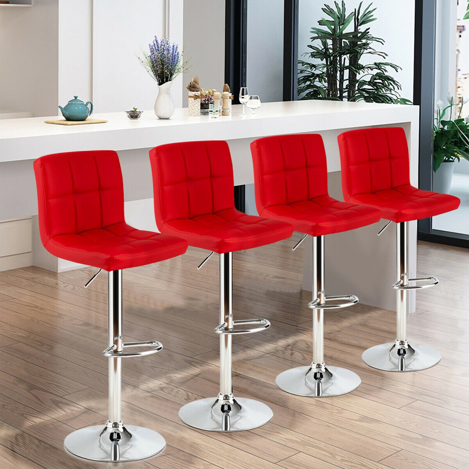 Gymax Set of 4 PU Leather Bar Stool Swivel Bar Chair w/ Adjustable Height Red