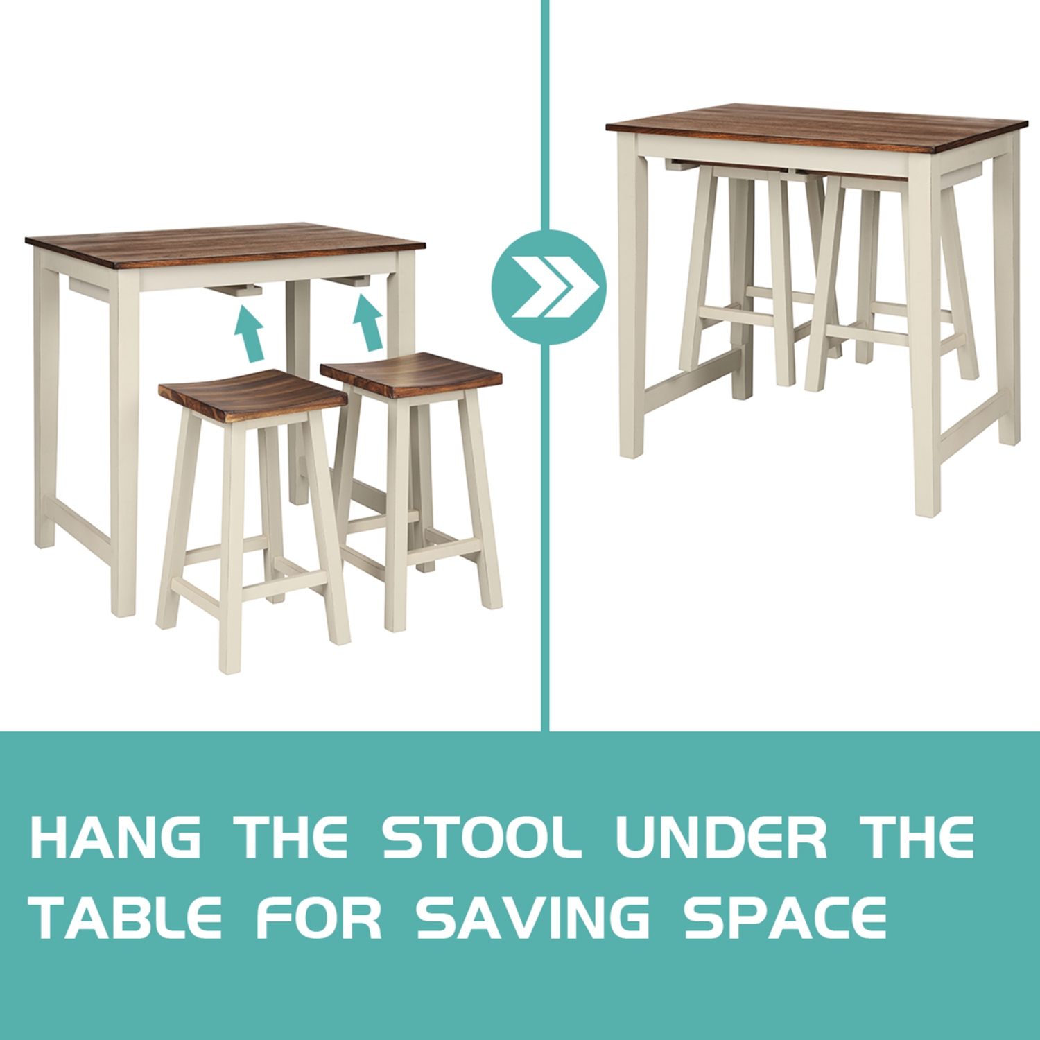 Gymax 3-Piece Bar Table Set Counter Pub Table& 2 Saddle Bar Stools w/ Hanging Design