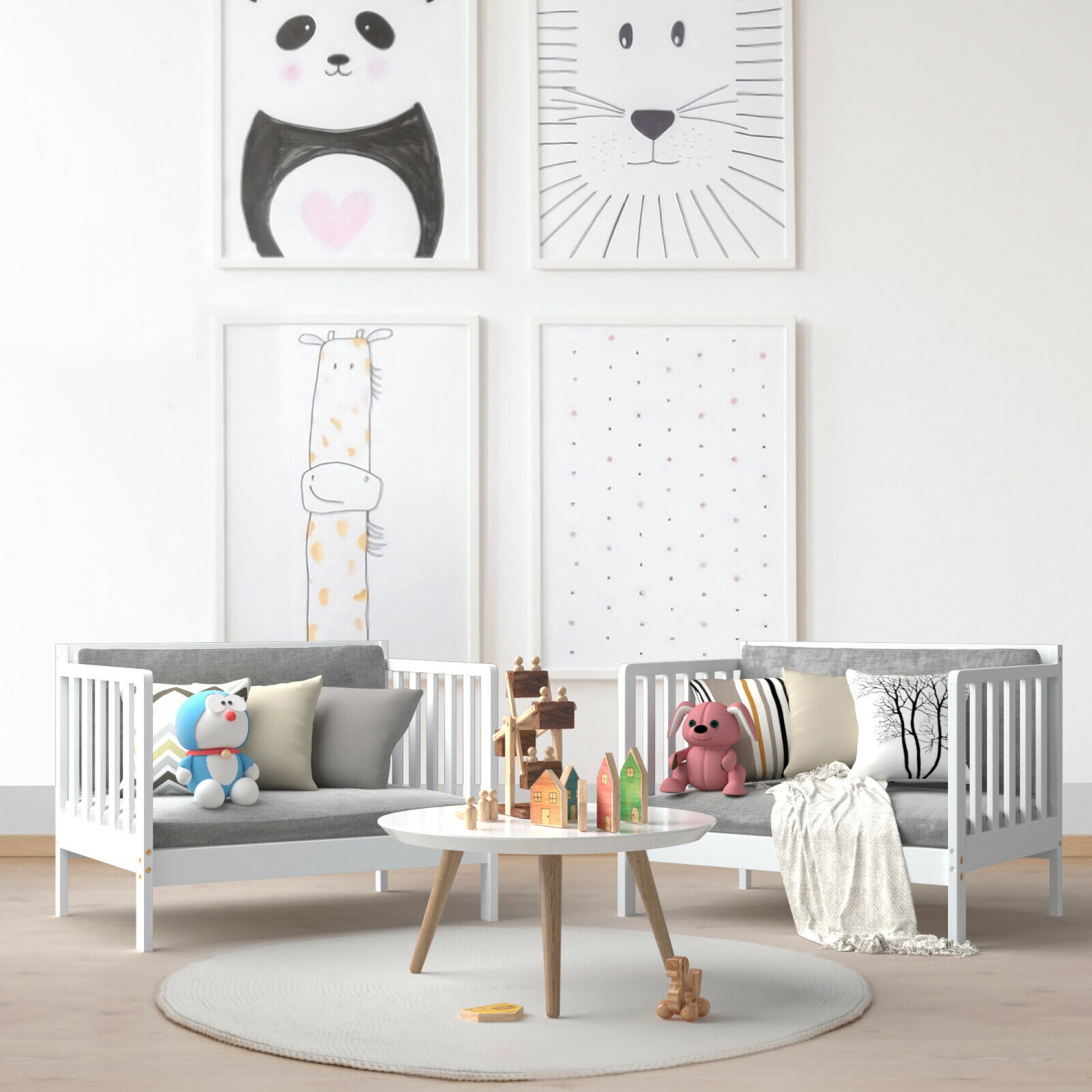 Gymax 2-in-1 Convertible Toddler Bed Kids Wooden Bedroom Furniture w/ Guardrails