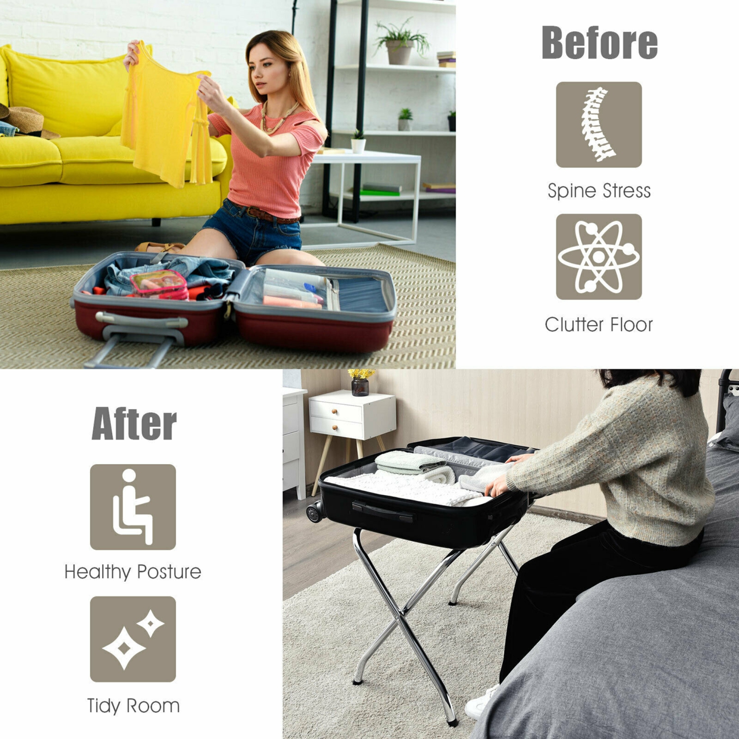 Gymax Folding Luggage Rack Chromed Metal Suitcase Holder Shelf for Home Hotel