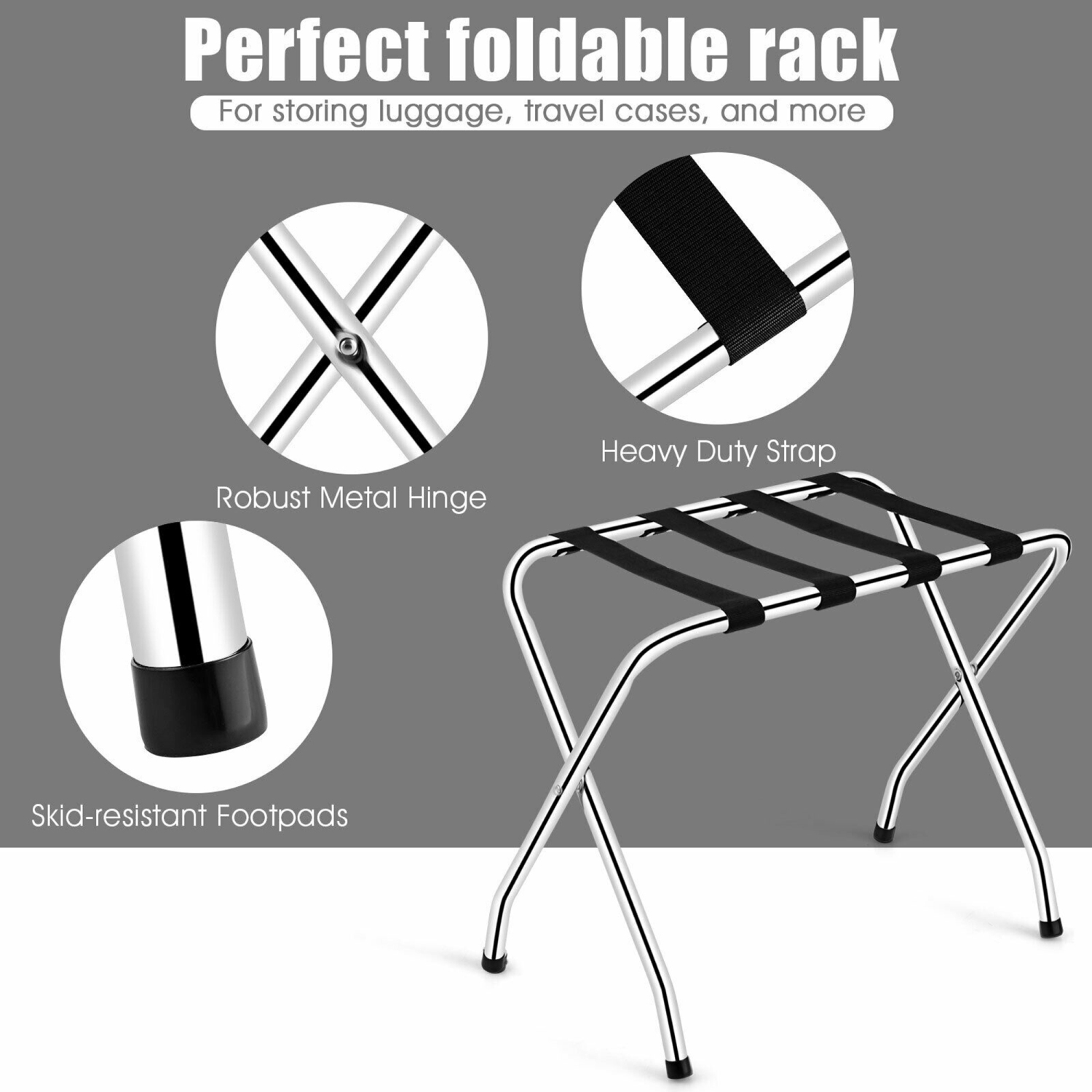 Gymax Folding Luggage Rack Chromed Metal Suitcase Holder Shelf for Home Hotel