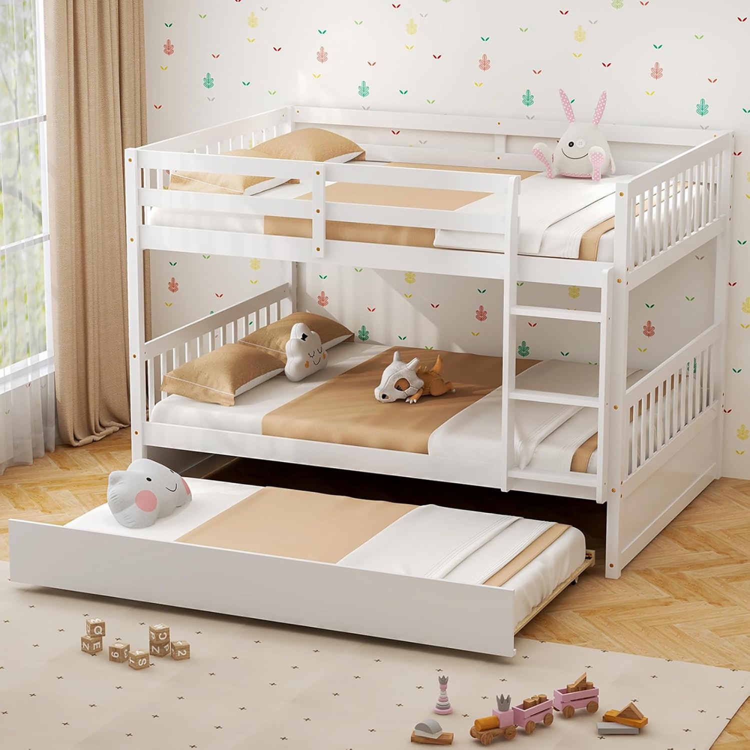 Gymax Full over Full Bunk Bed Platform Wood Bed Captain's Bed w/ Trundle & Ladder Rail
