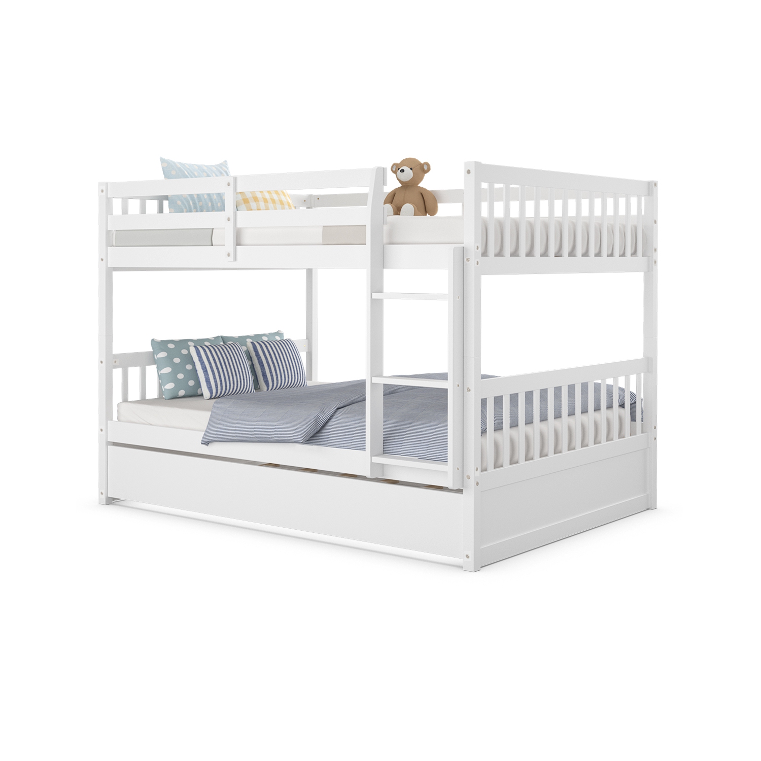 Gymax Full over Full Bunk Bed Platform Wood Bed Captain's Bed w/ Trundle & Ladder Rail