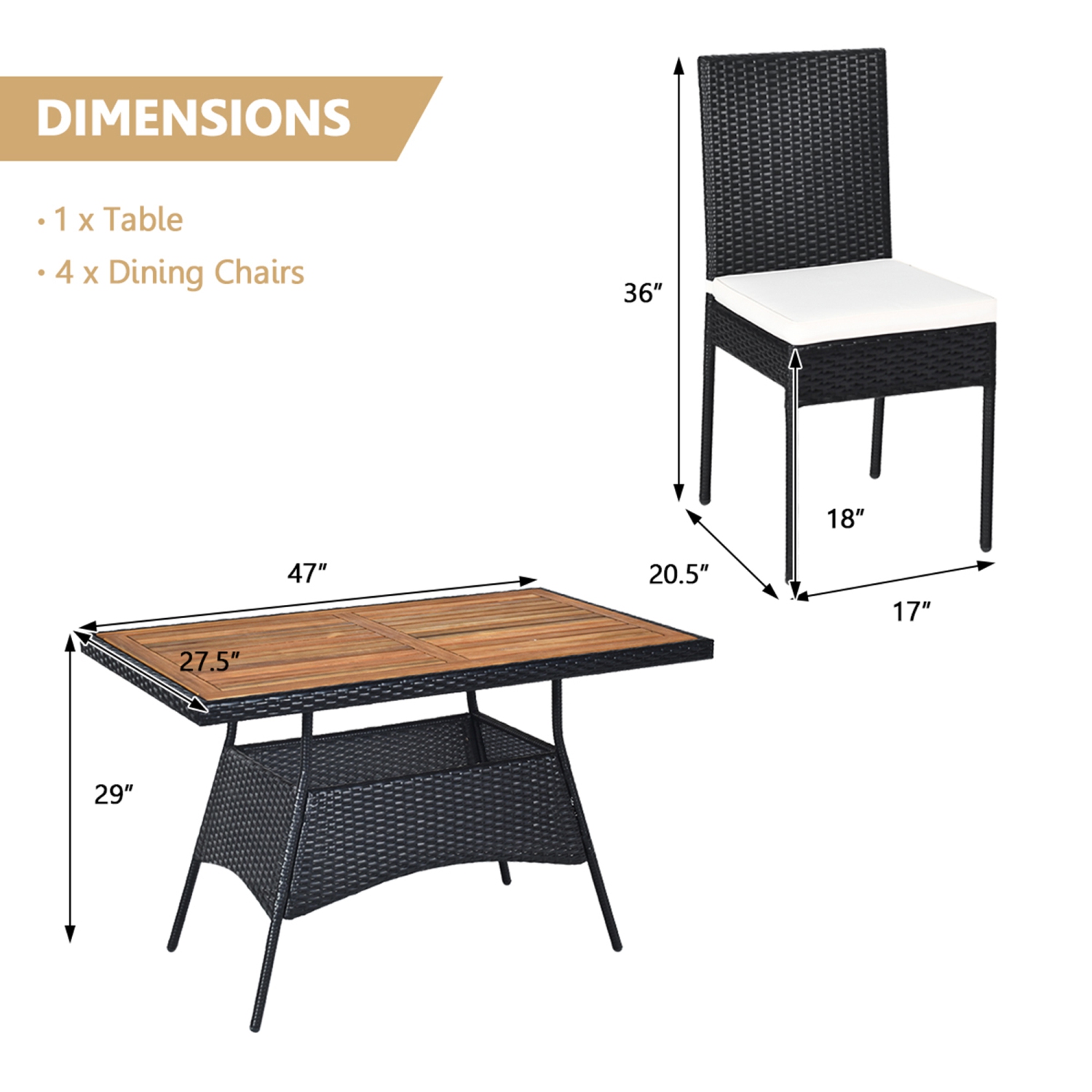 Ensemble de 5 Meubles En Rotin De Salle à Manger de Marque Gymax Pour Patio Extérieur Avec Coussins 1 Table En Bois 4 Chaises