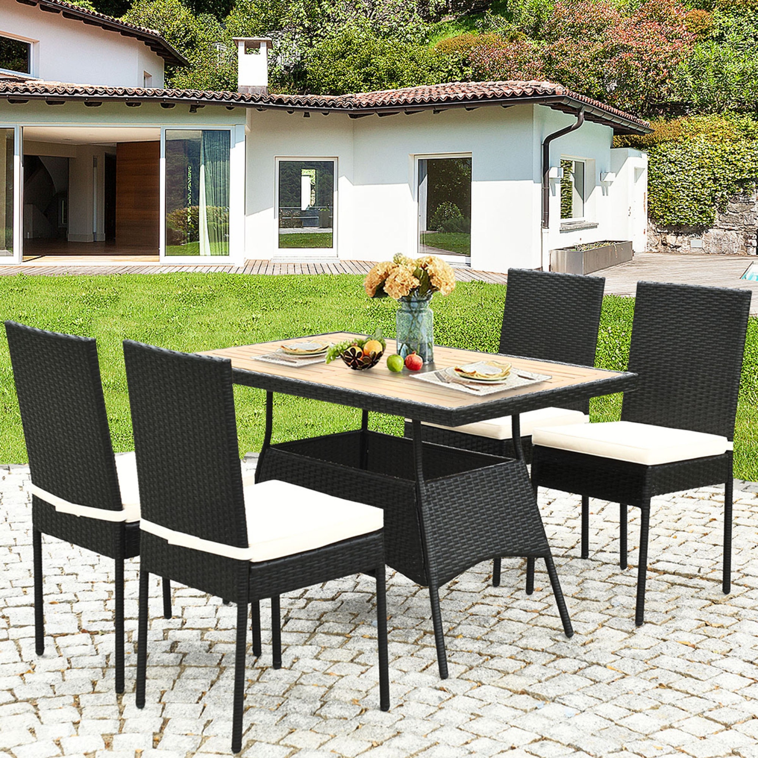 Ensemble de 5 Meubles En Rotin De Salle à Manger de Marque Gymax Pour Patio Extérieur Avec Coussins 1 Table En Bois 4 Chaises