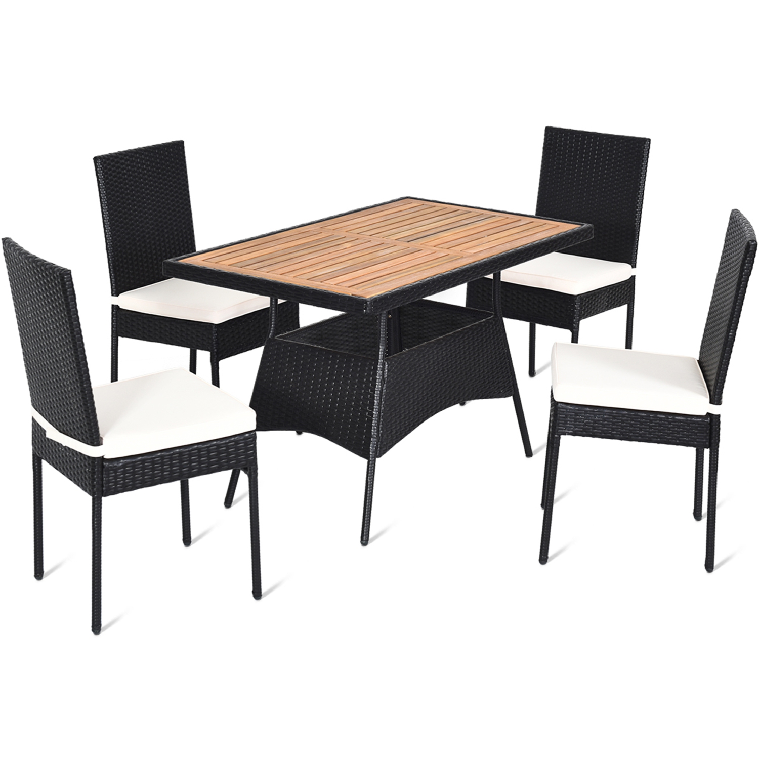 Ensemble de 5 Meubles En Rotin De Salle à Manger de Marque Gymax Pour Patio Extérieur Avec Coussins 1 Table En Bois 4 Chaises