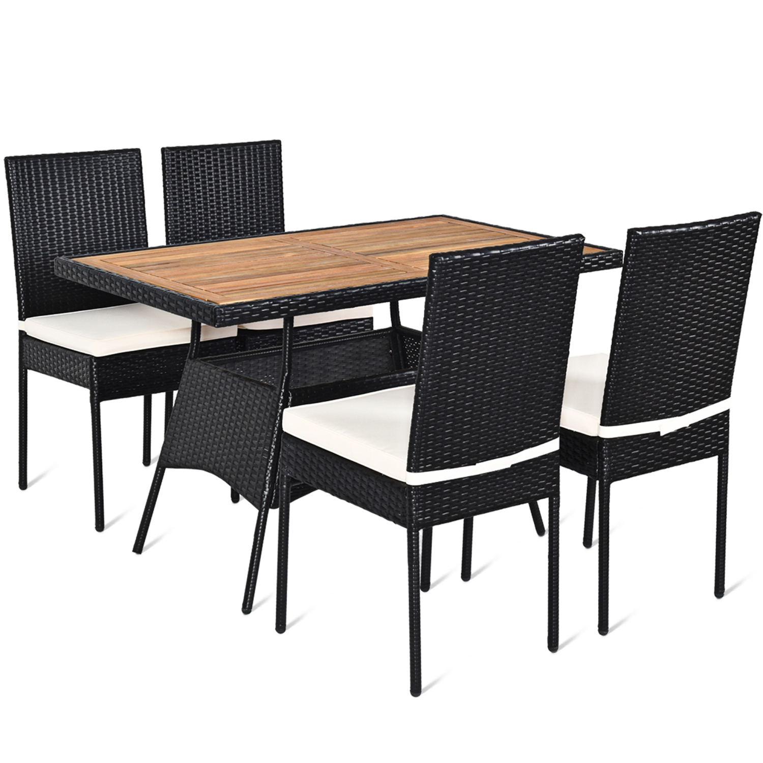 Ensemble de 5 Meubles En Rotin De Salle à Manger de Marque Gymax Pour Patio Extérieur Avec Coussins 1 Table En Bois 4 Chaises
