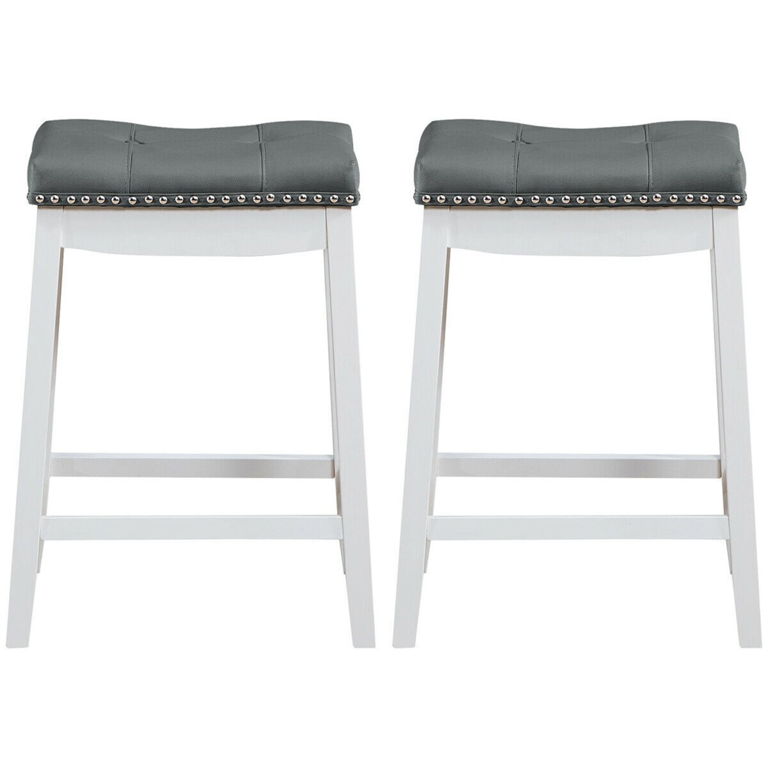 Gymax Set of 2 Nailhead Saddle Bar Stools 24'' Counter Stools White with Grey Cushion
