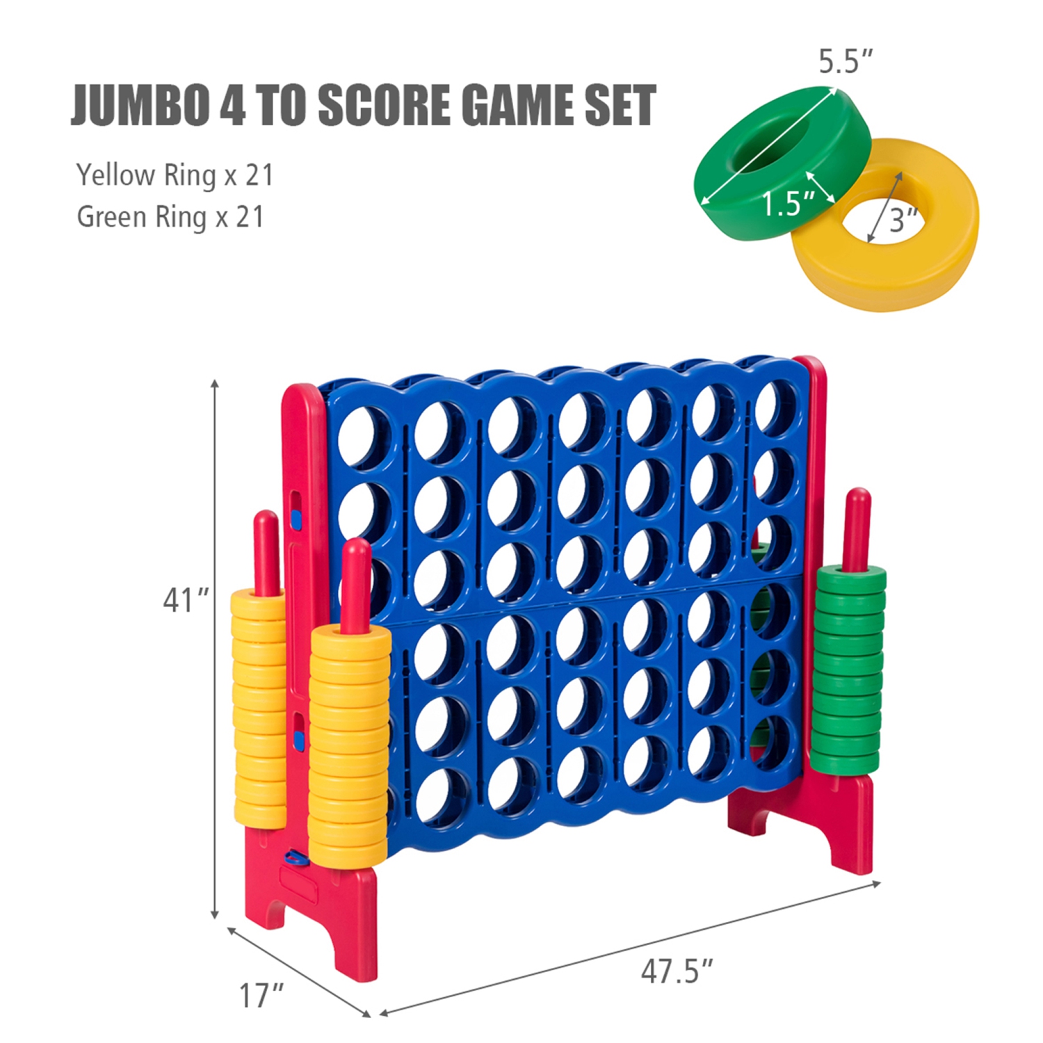 Gymax Jumbo 4-to-Score Game Set Giant 4 in A Row Kids Adults w/ 42 Jumbo Rings