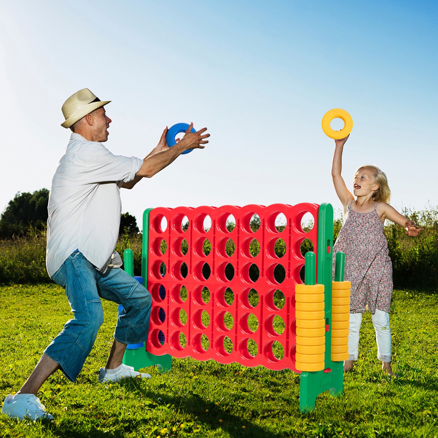 Gymax Jumbo 4-to-Score Game Set Giant 4 in A Row Kids Adults w/ 42 Jumbo Rings