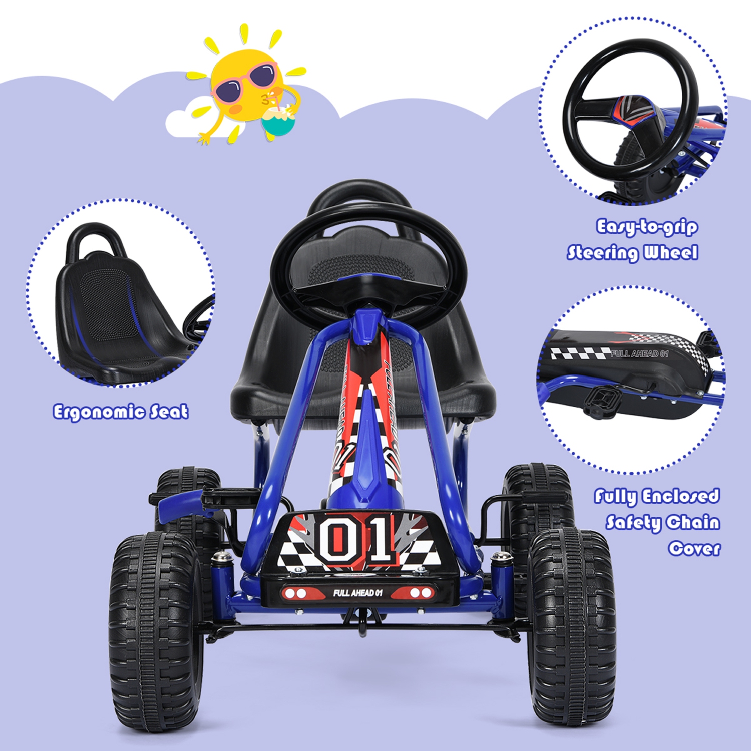 Gymax Kids Pedal Go Kart 4 Wheel Ride On Toys w/ Adjustable Seat & Handbrake Blue