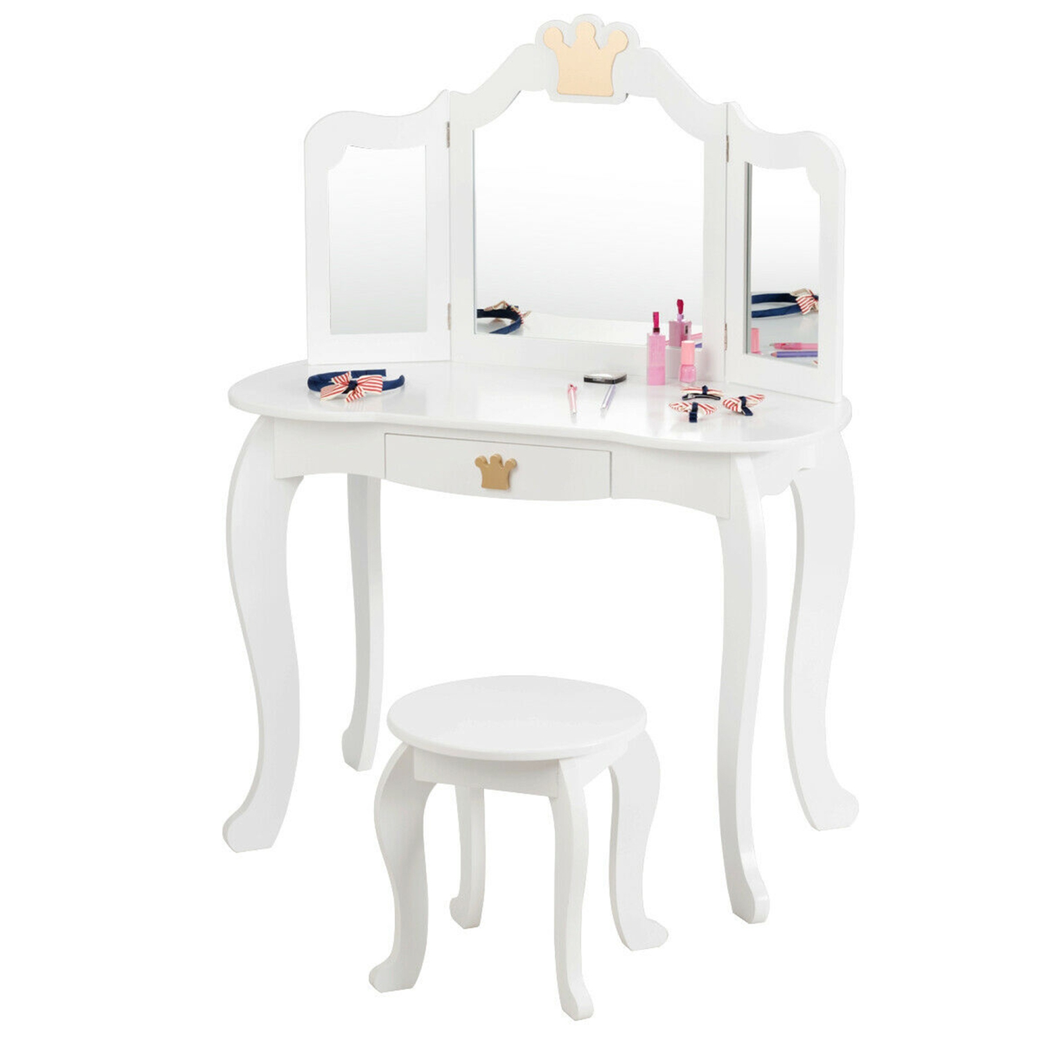 Gymax Makeup Dressing Table Chair Set Princess Vanity & Tri-folding Mirror White