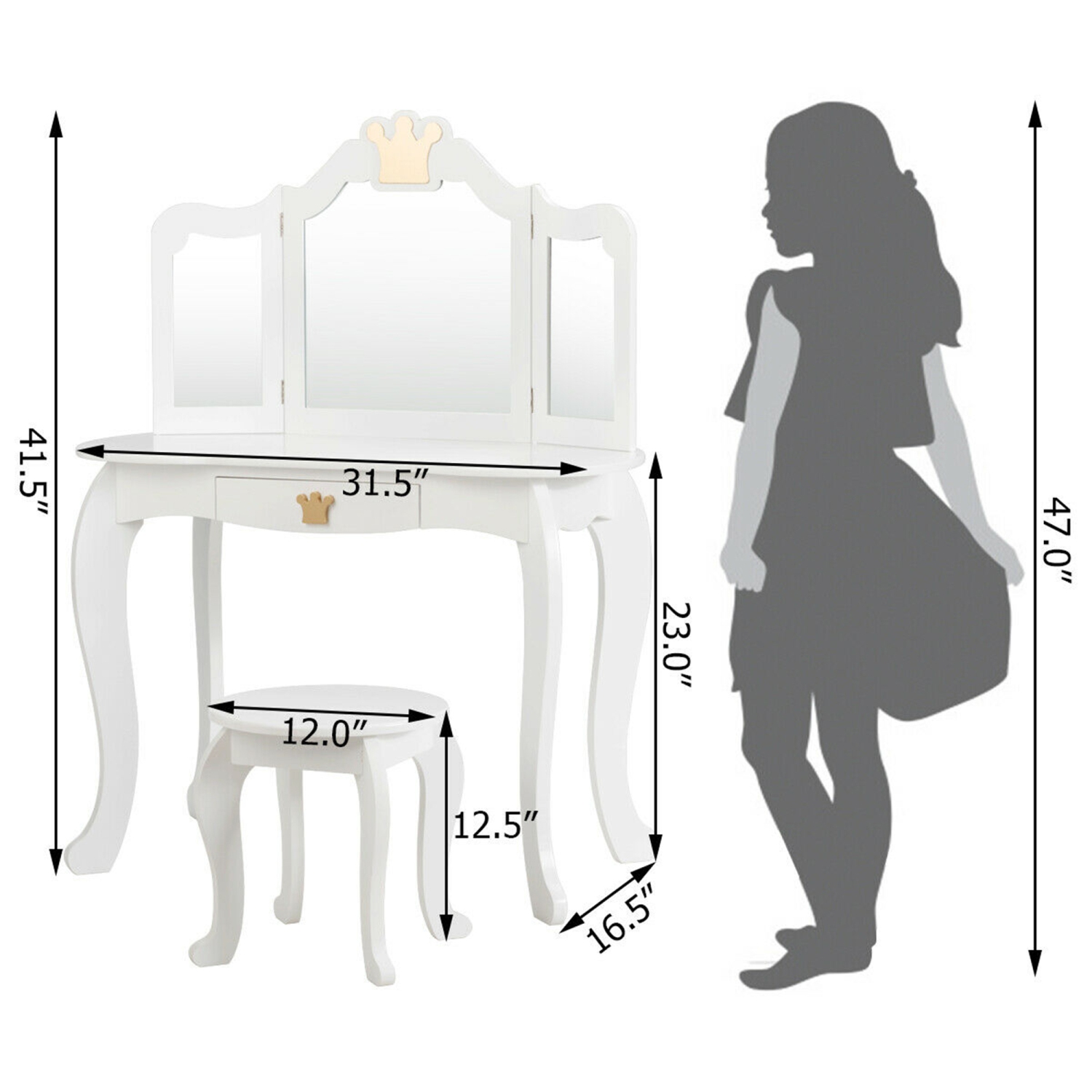 Gymax Makeup Dressing Table Chair Set Princess Vanity & Tri-folding Mirror White