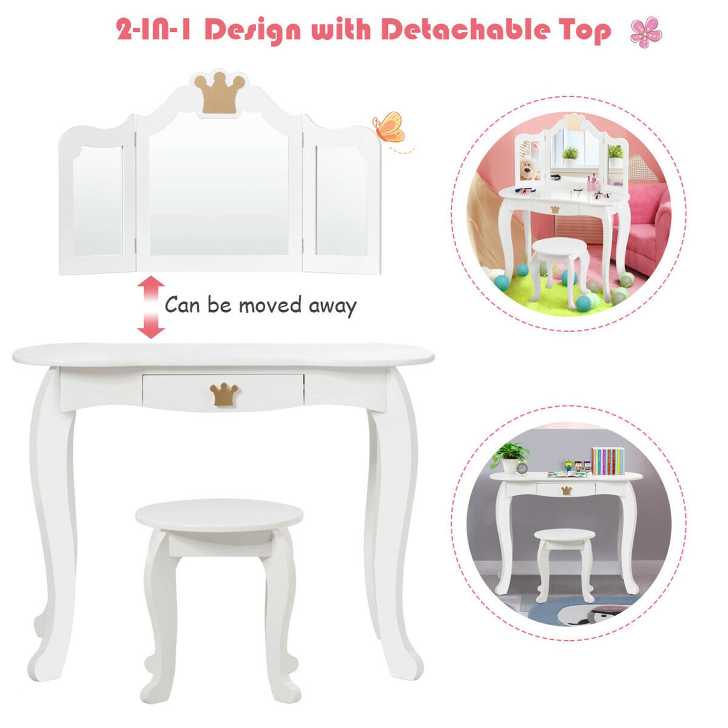 Gymax Makeup Dressing Table Chair Set Princess Vanity & Tri-folding Mirror White