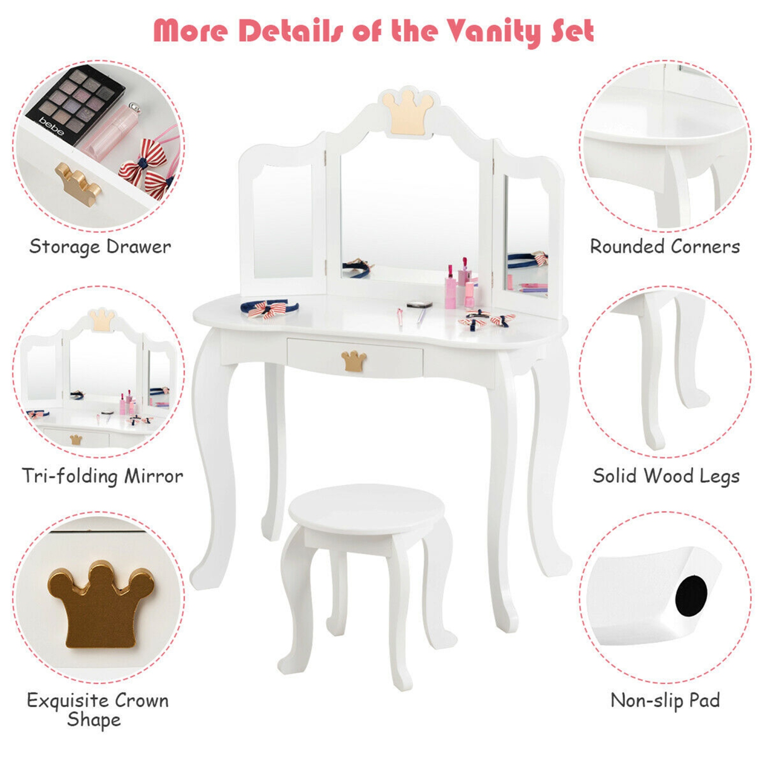 Gymax Makeup Dressing Table Chair Set Princess Vanity & Tri-folding Mirror White