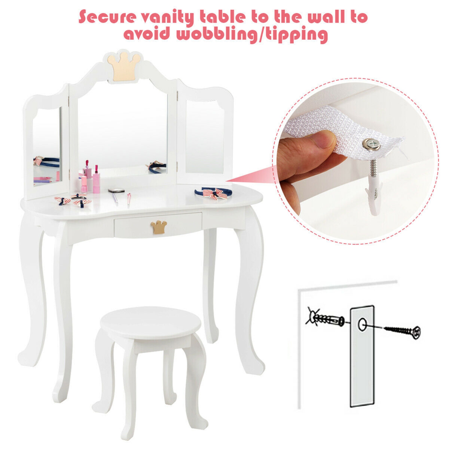 Gymax Makeup Dressing Table Chair Set Princess Vanity & Tri-folding Mirror White