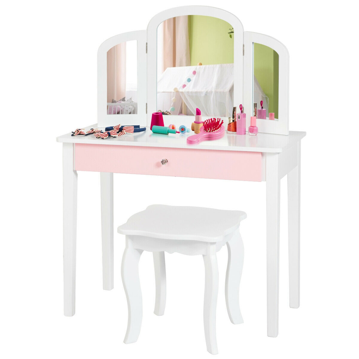 Gymax Vanity Princess Make Up Dressing Table W/ Tri-folding Mirror & Chair White