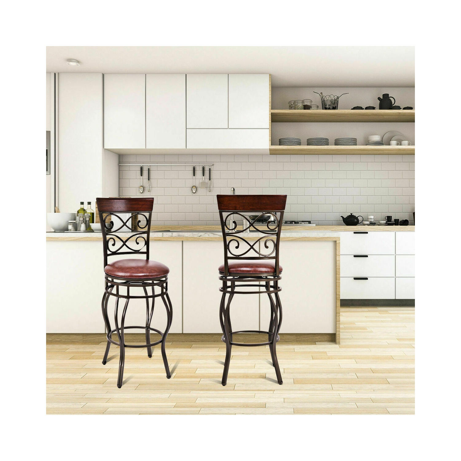 Gymax 2PCS Retro Swivel Bar Stools w/ Padded Seat Home Kitchen Pub Bistro
