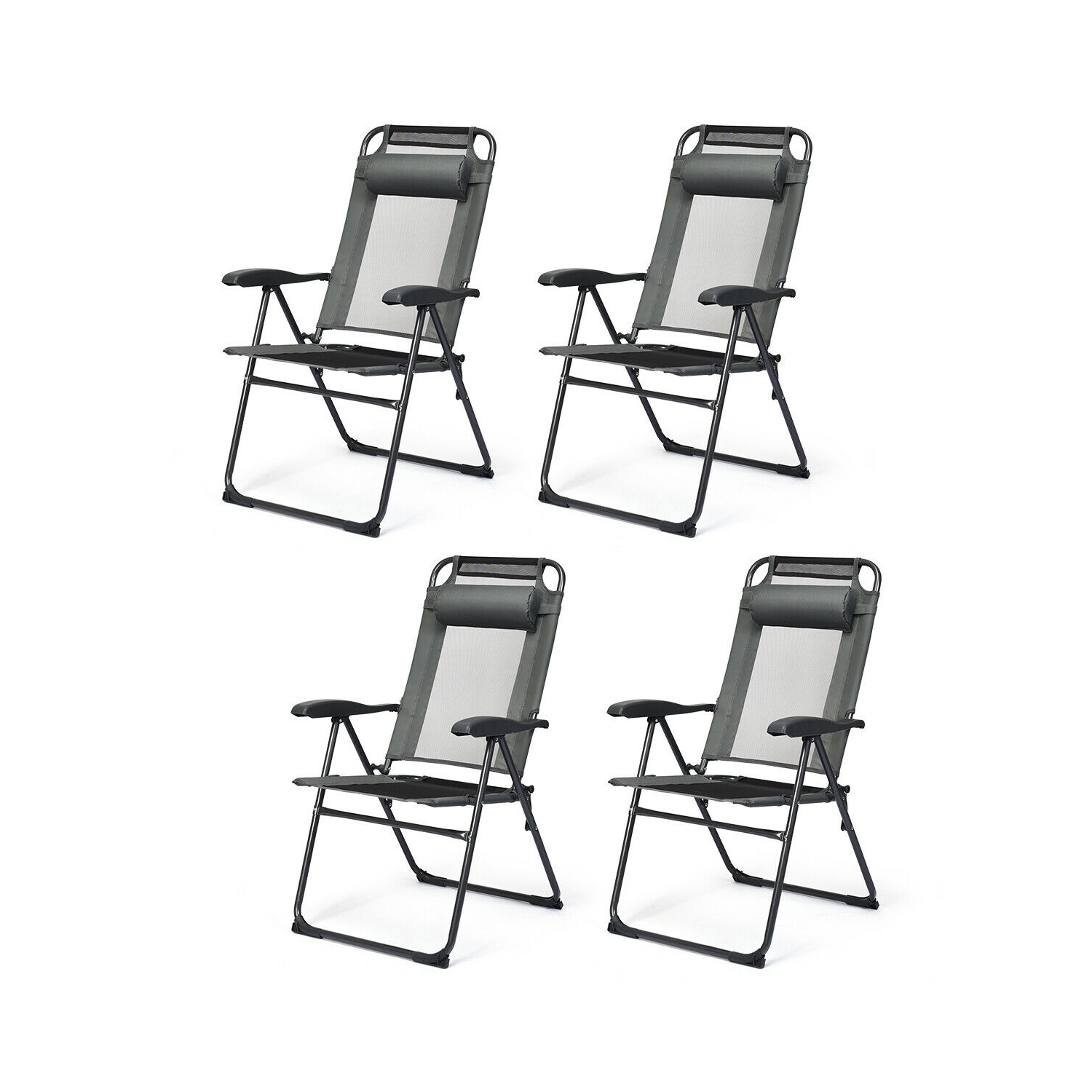 Gymax 4PC Folding Chairs Adjustable Reclining Chairs with Headrest Patio Garden Grey