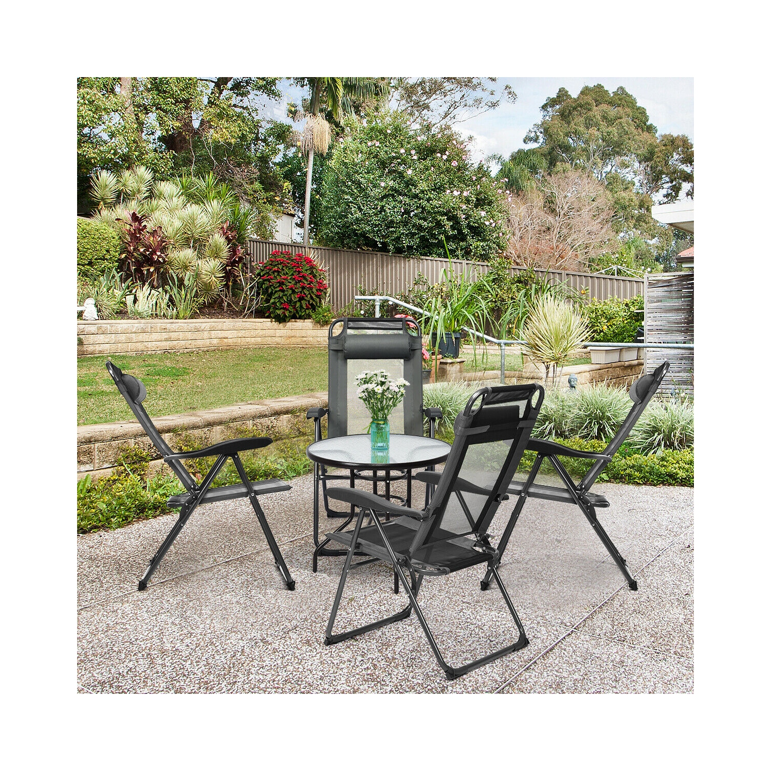Gymax 4PC Folding Chairs Adjustable Reclining Chairs with Headrest Patio Garden Grey