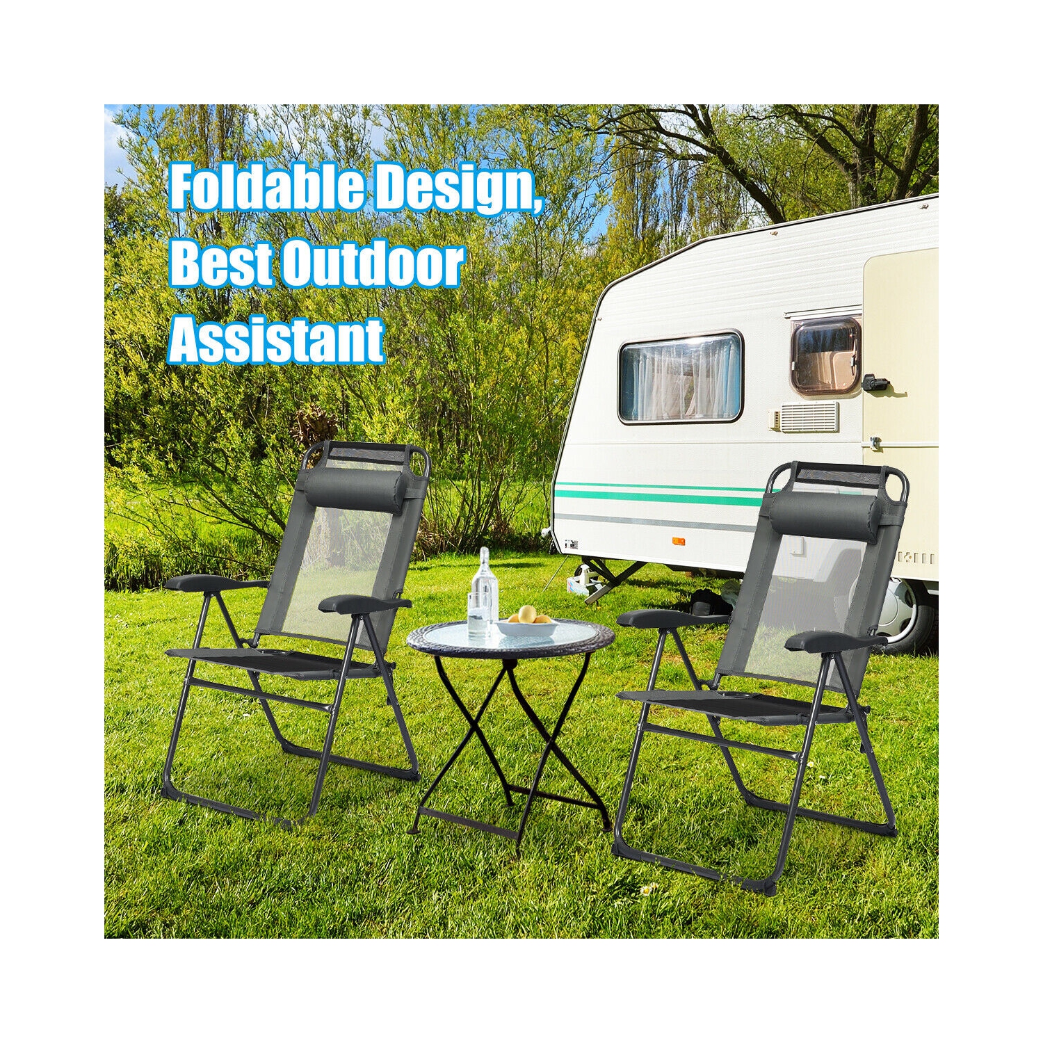 Gymax 4PC Folding Chairs Adjustable Reclining Chairs with Headrest Patio Garden Grey