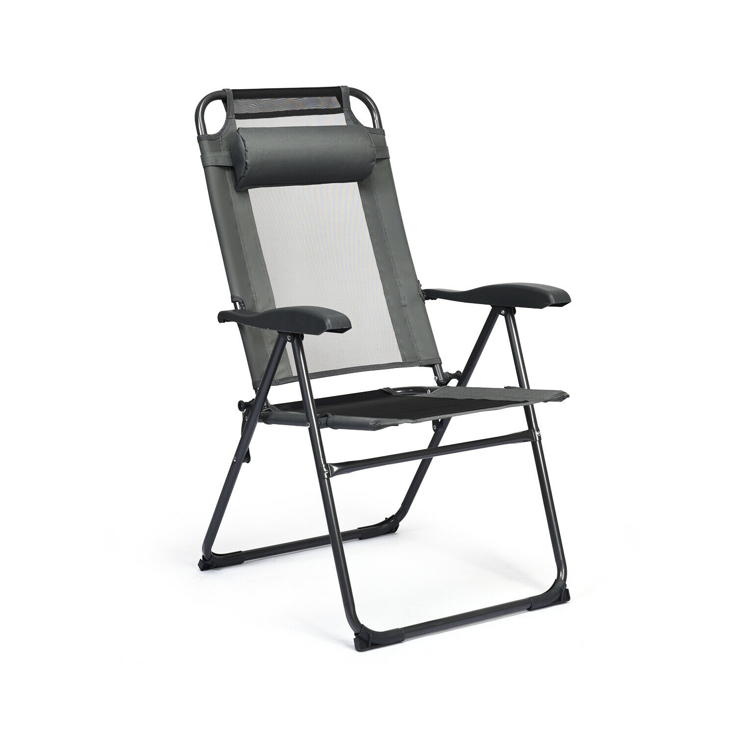 Gymax 4PC Folding Chairs Adjustable Reclining Chairs with Headrest Patio Garden Grey