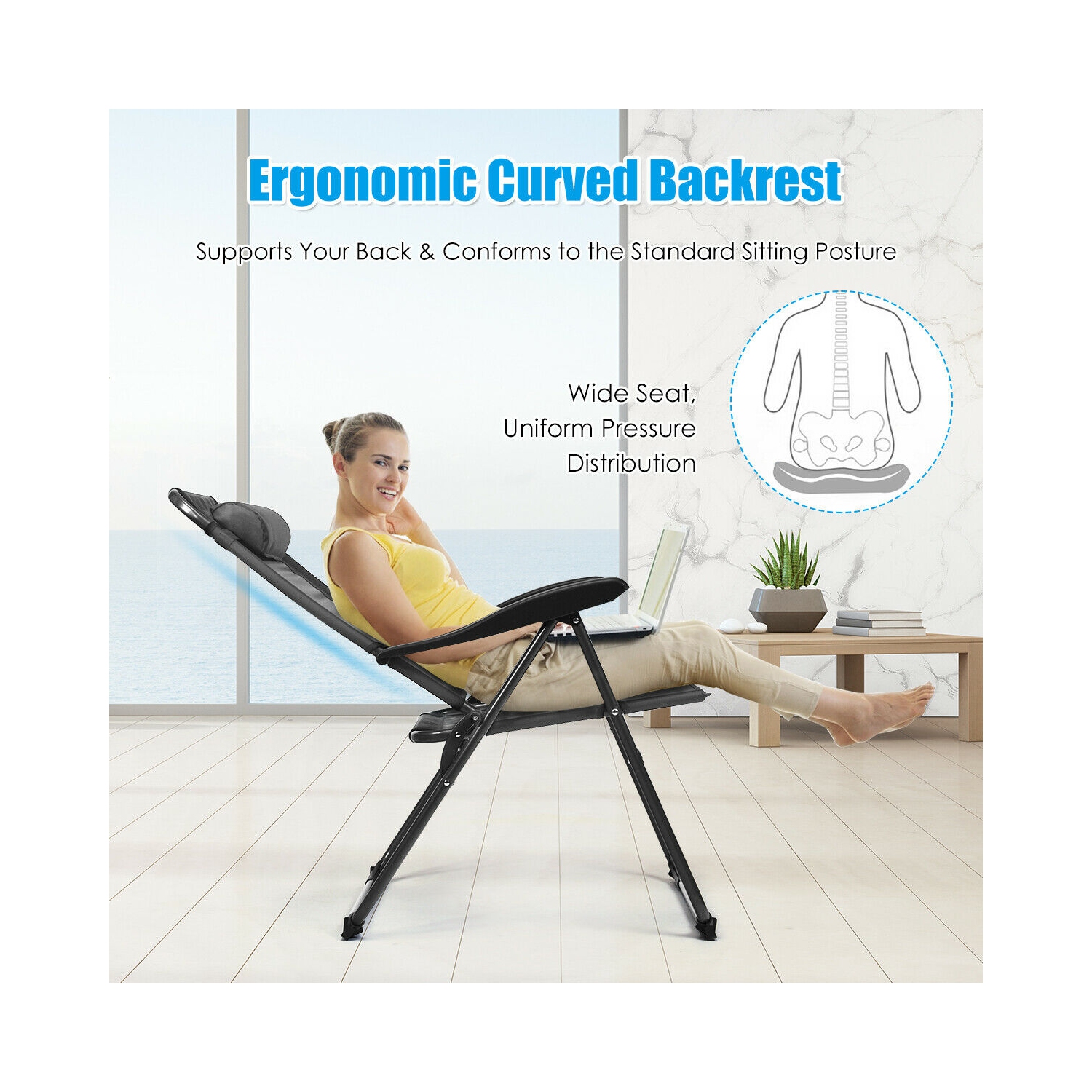 Gymax 4PC Folding Chairs Adjustable Reclining Chairs with Headrest Patio Garden Grey
