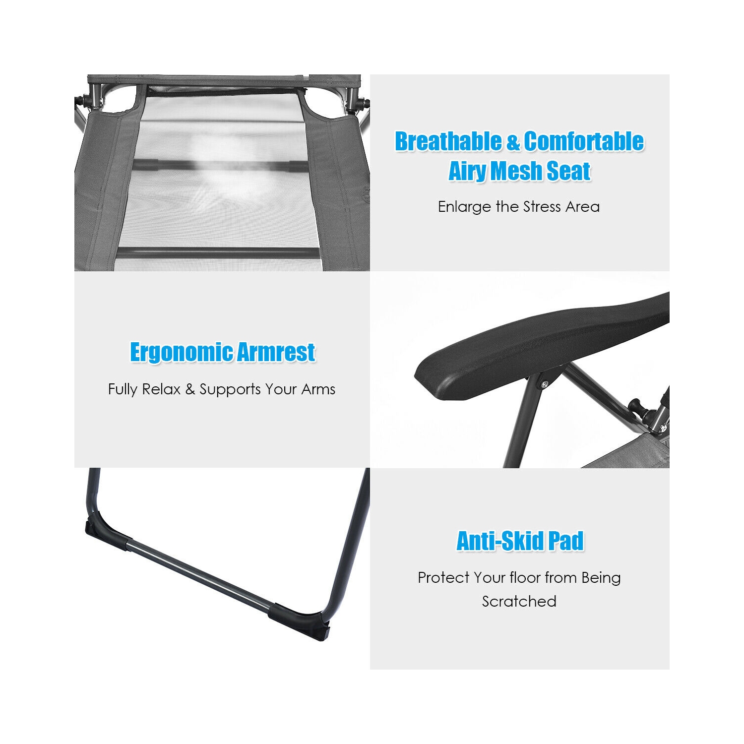 Gymax 4PC Folding Chairs Adjustable Reclining Chairs with Headrest Patio Garden Grey