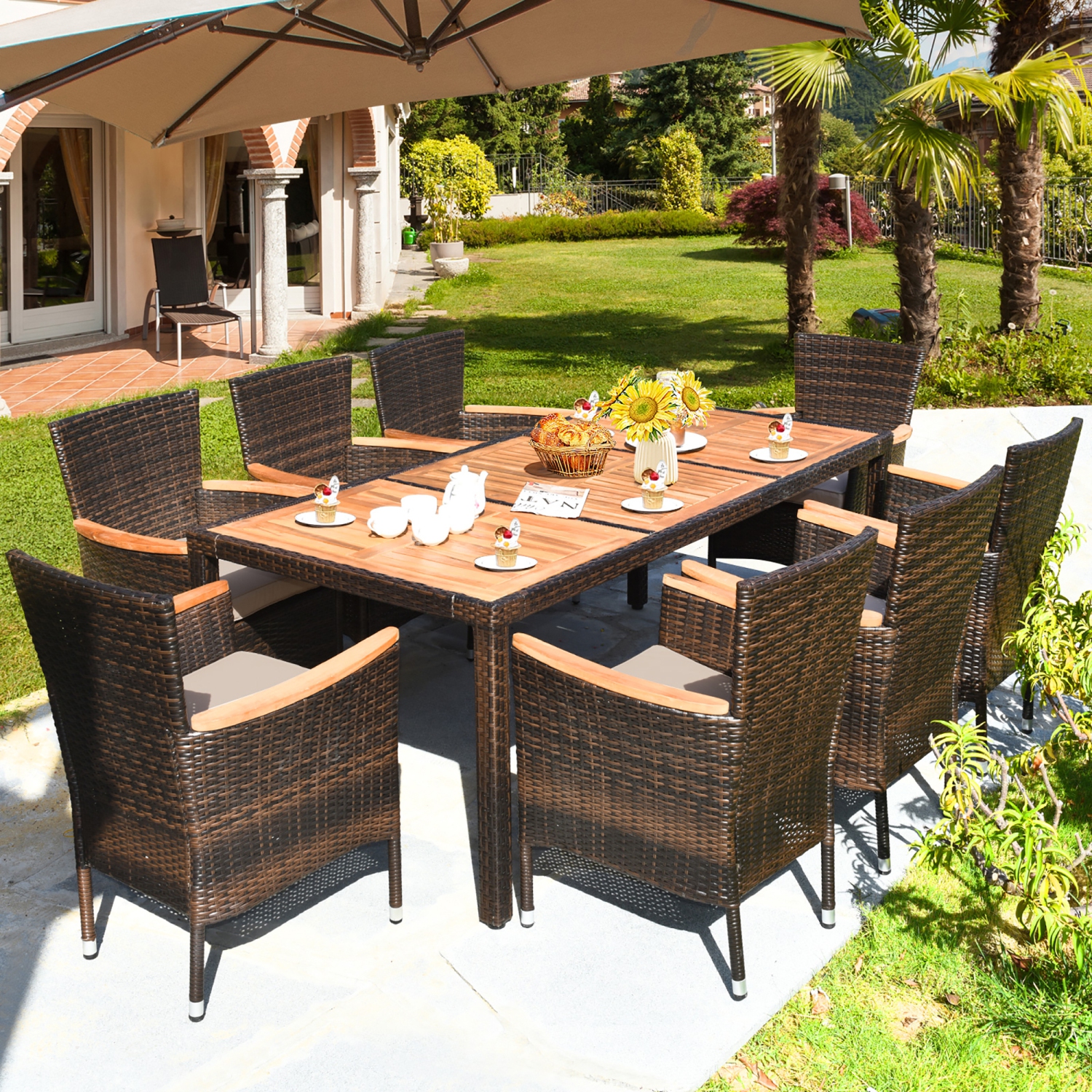 Gymax 9PCS Rattan Patio Dining Set w/ 8 Cushioned Chairs Wooden Tabletop