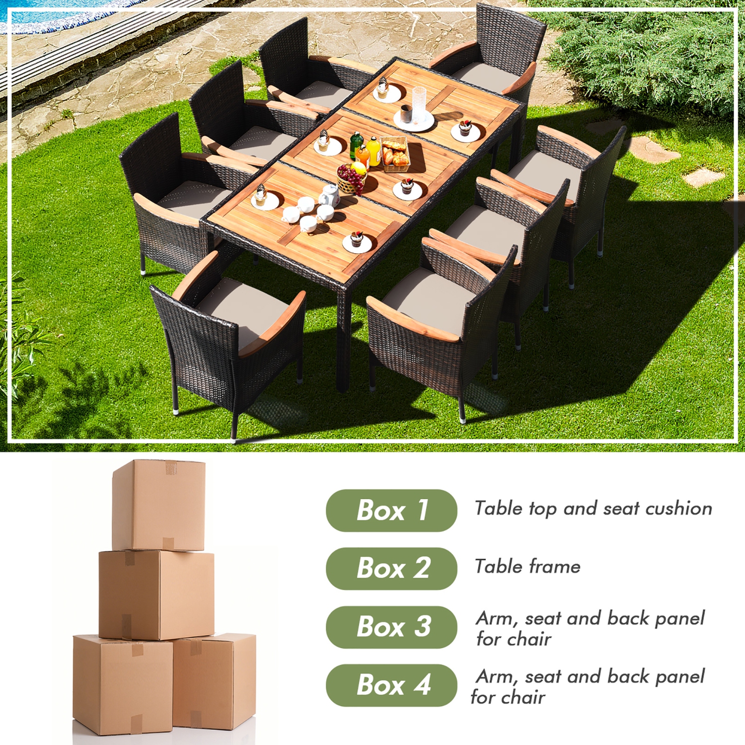 Gymax 9PCS Rattan Patio Dining Set w/ 8 Cushioned Chairs Wooden Tabletop