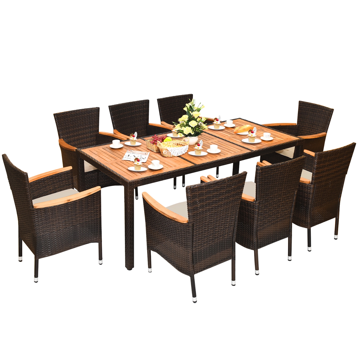 Gymax 9PCS Rattan Patio Dining Set w/ 8 Cushioned Chairs Wooden Tabletop
