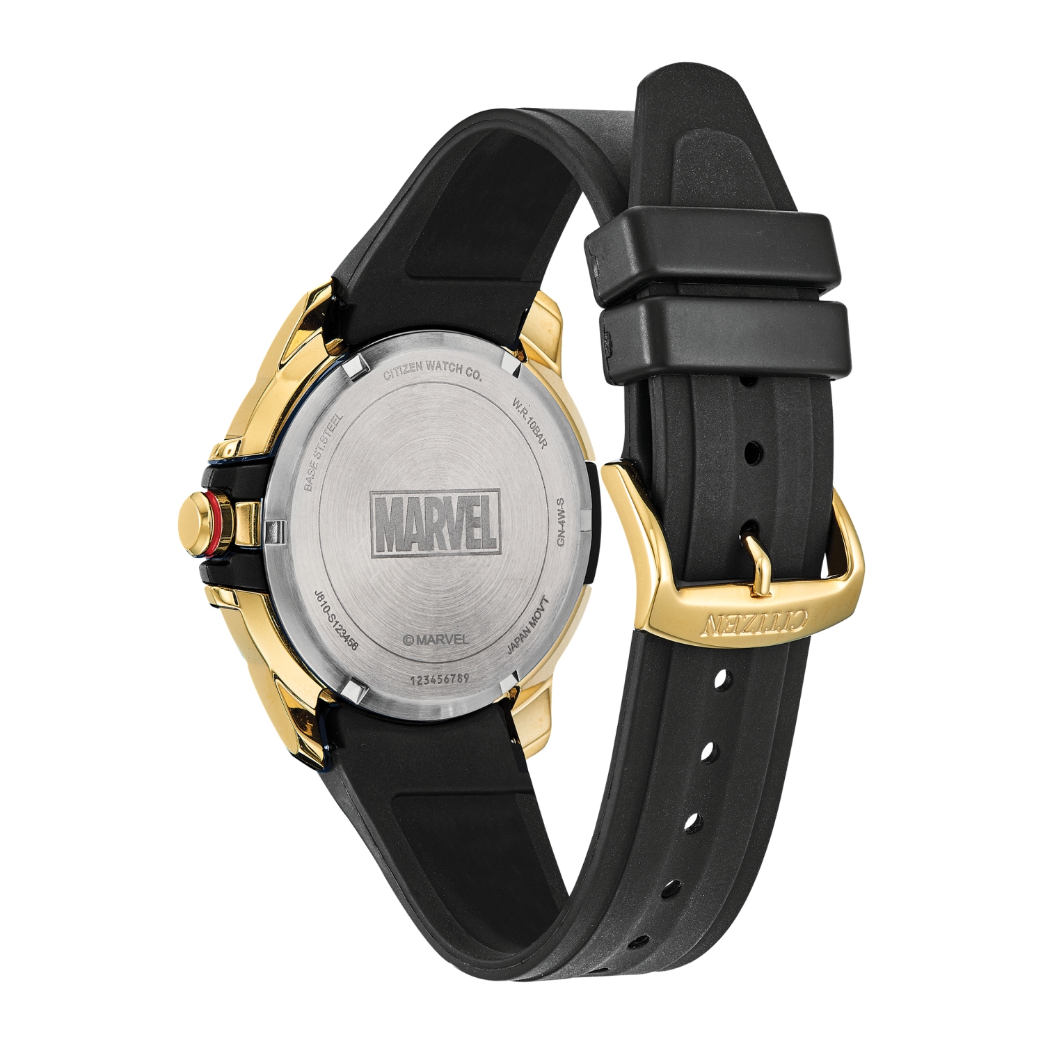 Montre pour homme Avengers japonais Eco-Drive 44&nbsp;mm, inox deux tons, boîtier ABS, bracelet silicone noir, cadran noir