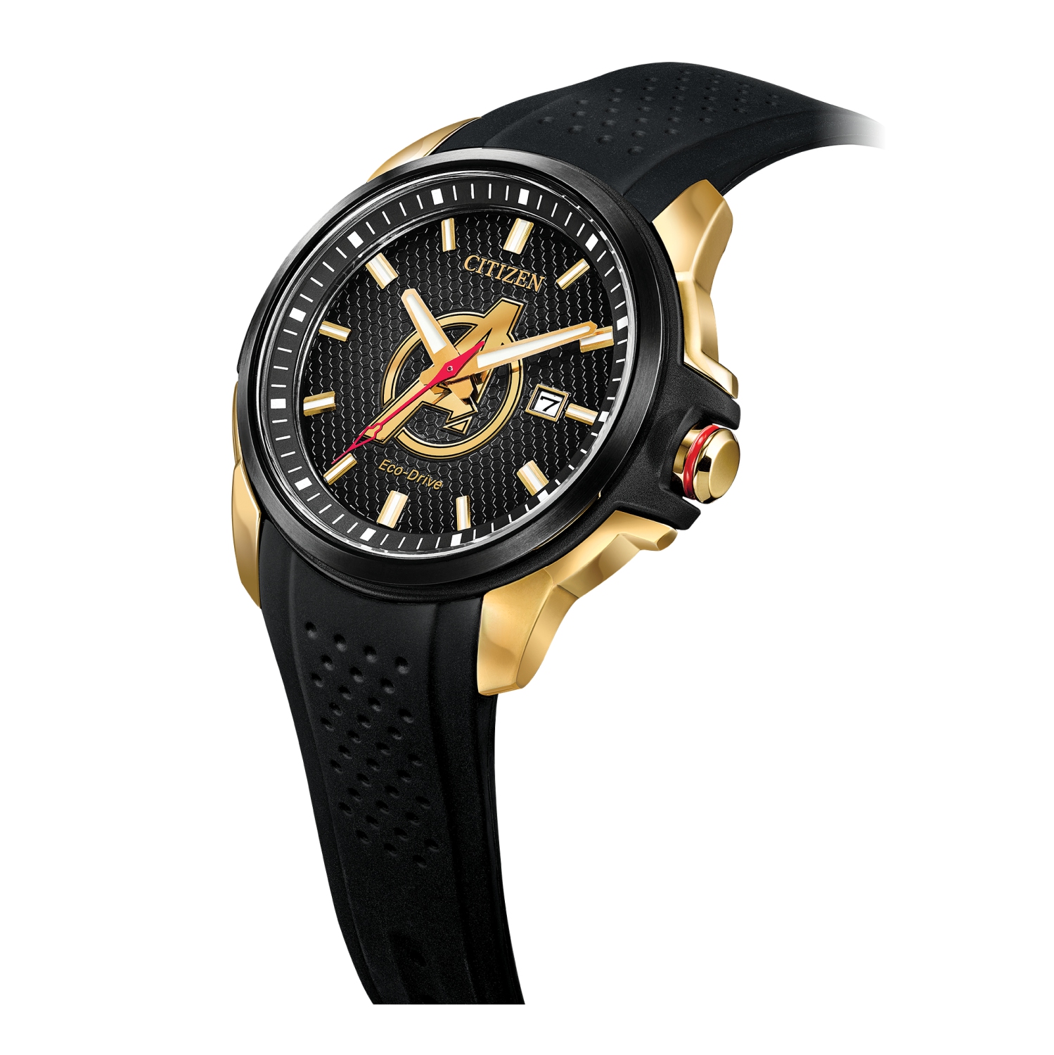 Montre pour homme Avengers japonais Eco-Drive 44&nbsp;mm, inox deux tons, boîtier ABS, bracelet silicone noir, cadran noir