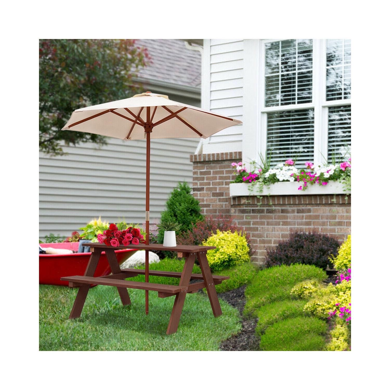 Gymax Children Outdoor 4 Seat Kids Picnic Table Bench with Folding Umbrella