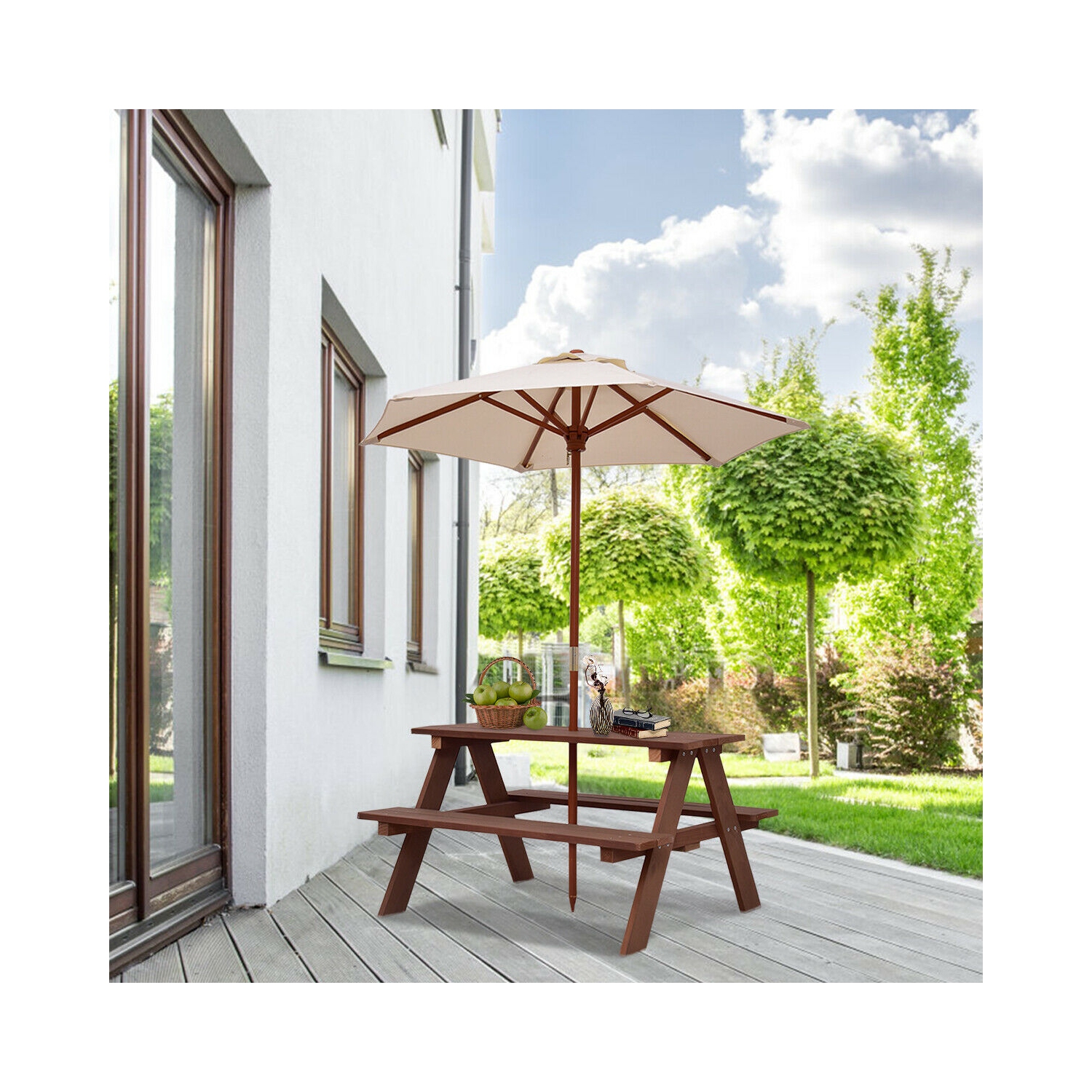 Gymax Children Outdoor 4 Seat Kids Picnic Table Bench with Folding Umbrella