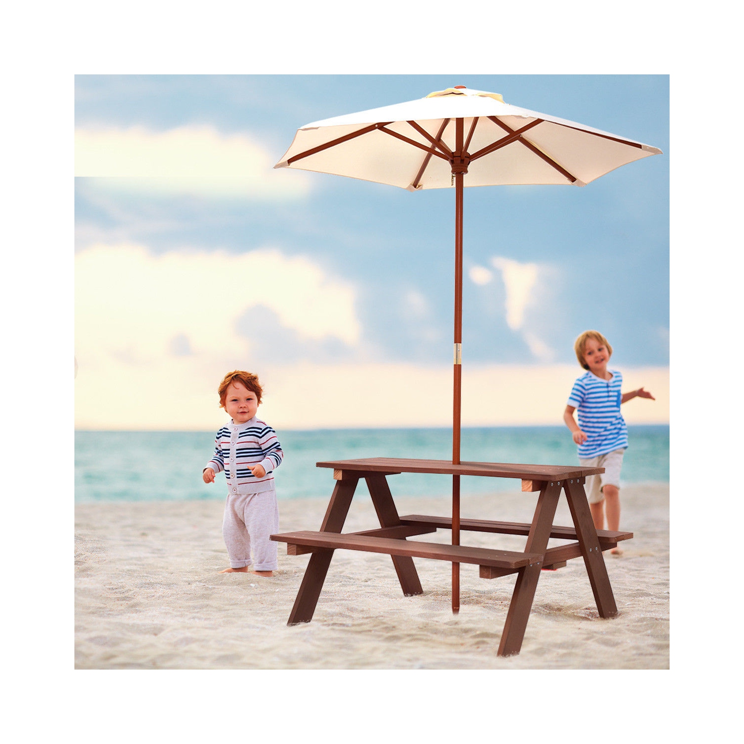 Gymax Children Outdoor 4 Seat Kids Picnic Table Bench with Folding Umbrella