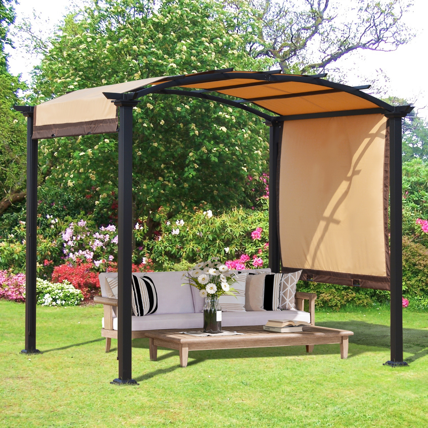 Outsunny 10' x 8' Outdoor Retractable Canopy Pergola Steel Frame Patio Pergola Shelter Sun Shade with Arc Roof, Beige