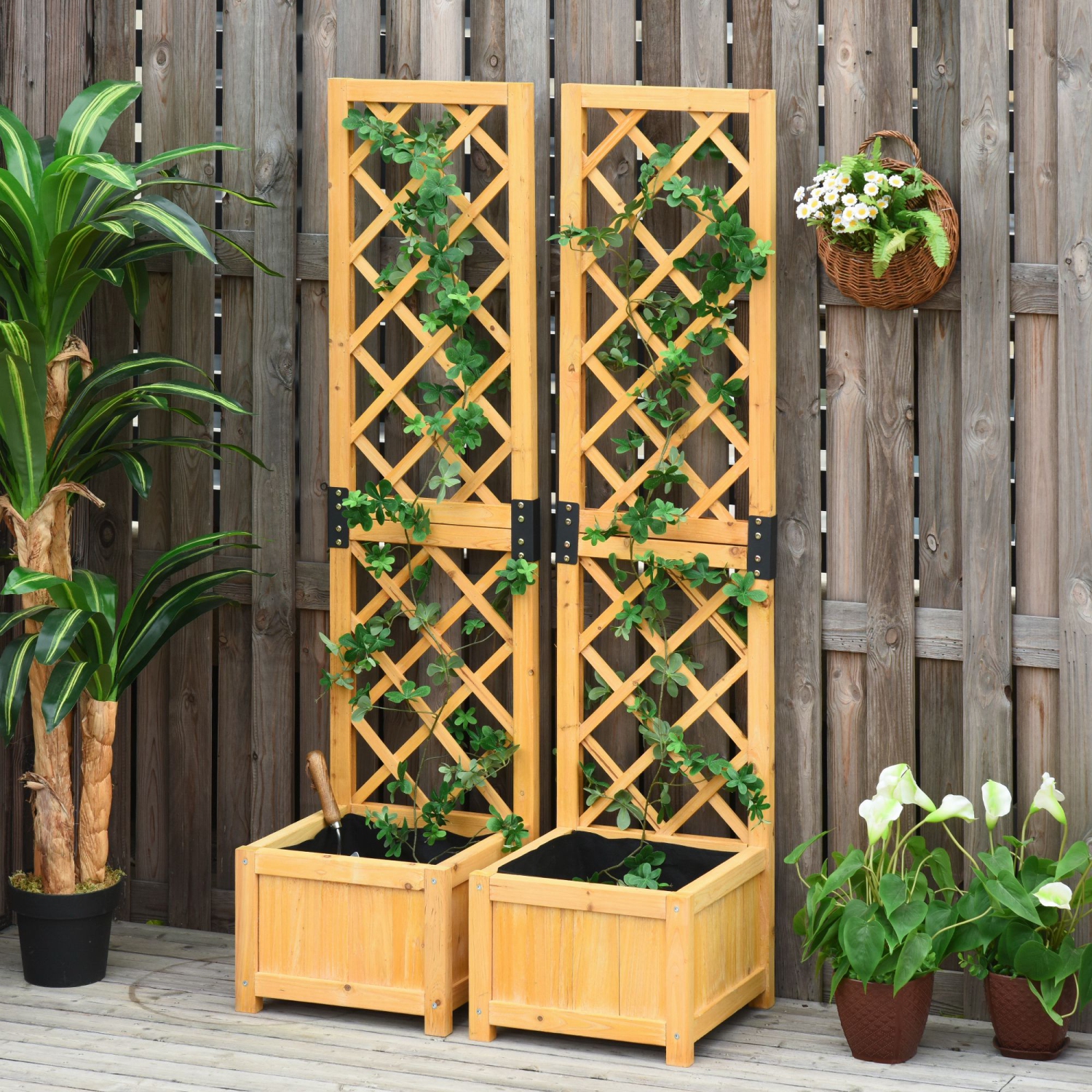 Outsunny Set of 2 Raised Garden Bed with Trellis Board Flower Stand Lattice Panels for Plants, Flowers or Vine Outdoor Indoor, Orange