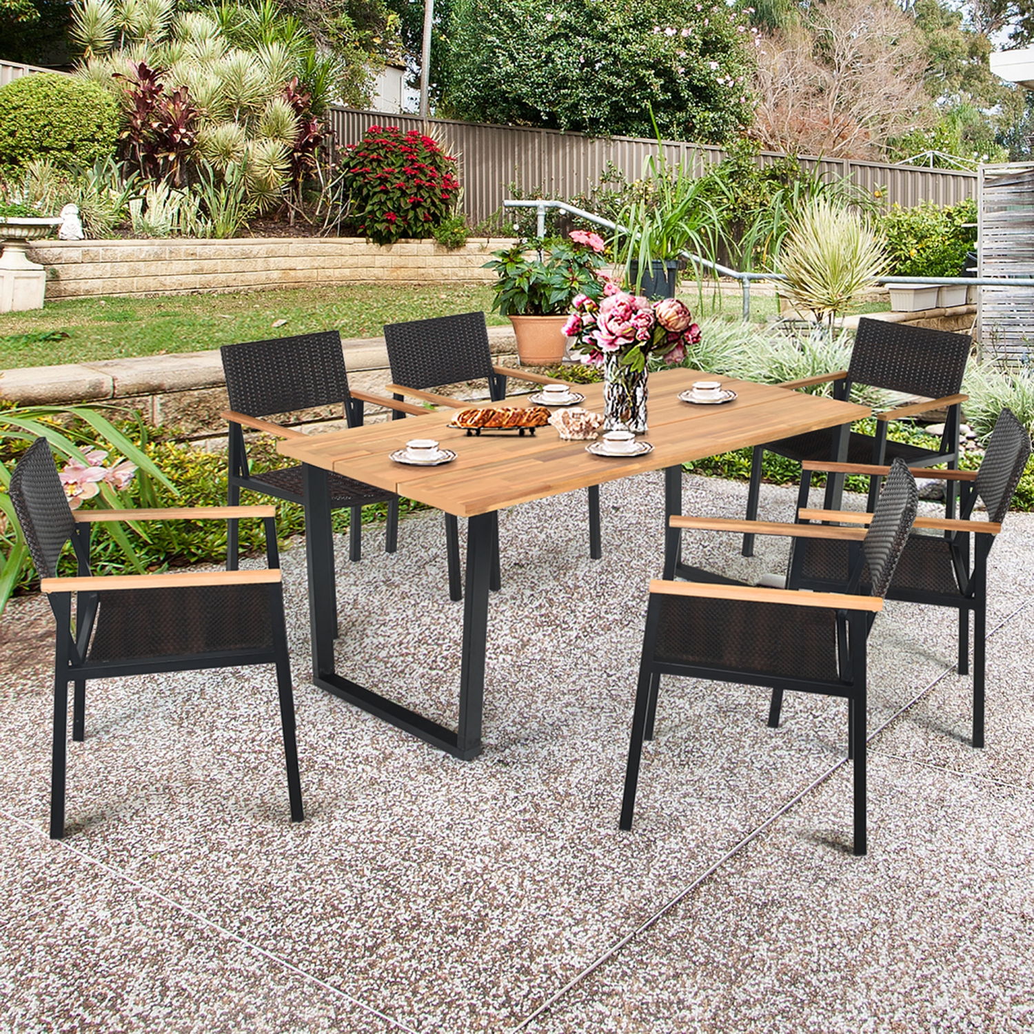 Gymax Patented 7PCS Patio Garden Dining Set Outdoor Dining Furniture Set w/ Umbrella Hole