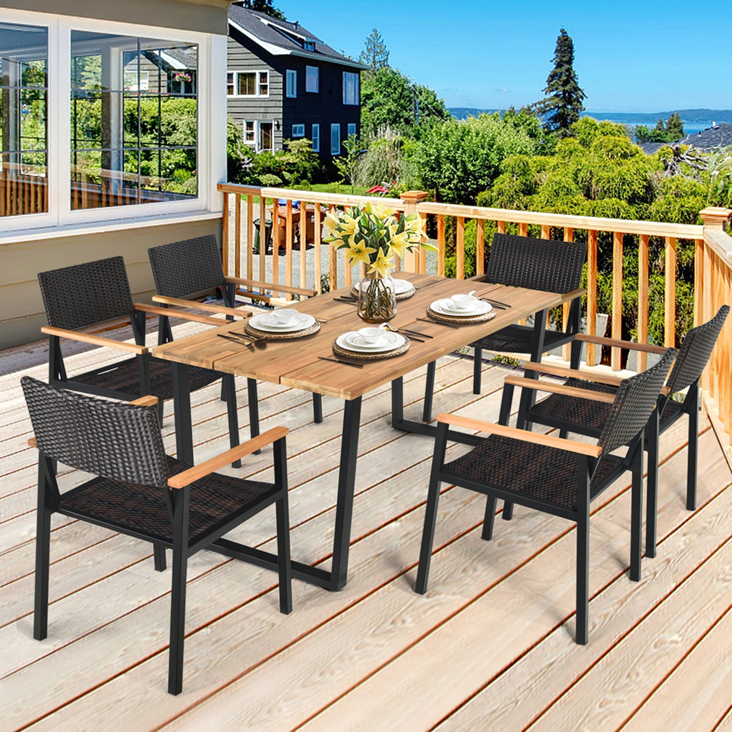 7PCS Ensemble de salle à manger de jardin Patio Ensemble de mobilier de salle à manger d'extérieur avec trou pour parasol Gymax