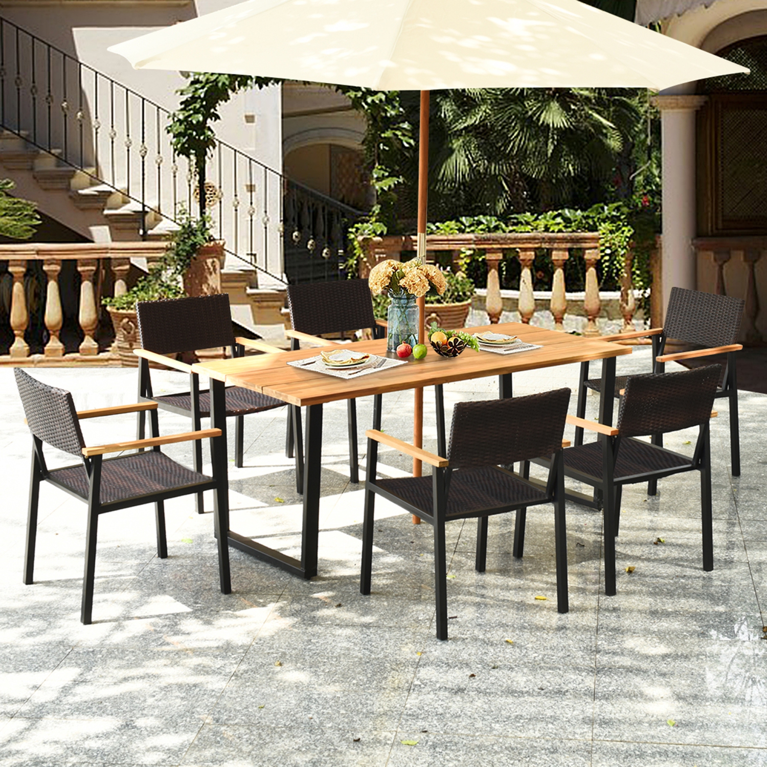 7PCS Ensemble de salle à manger de jardin Patio Ensemble de mobilier de salle à manger d'extérieur avec trou pour parasol Gymax