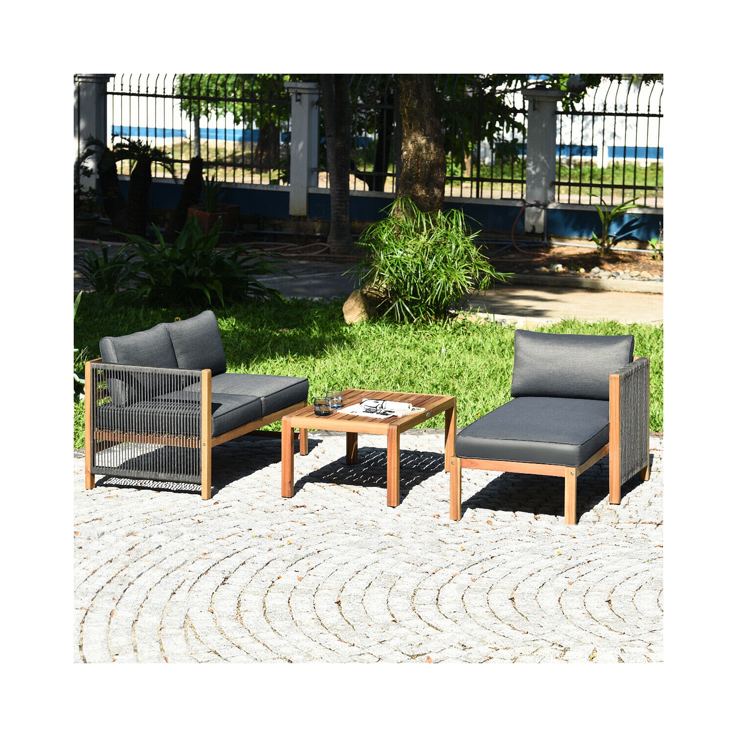 Gymax 3PCS Patio Acacia Wood Sofa Furniture Set Thick Cushion W/Nylon Rope Armrest